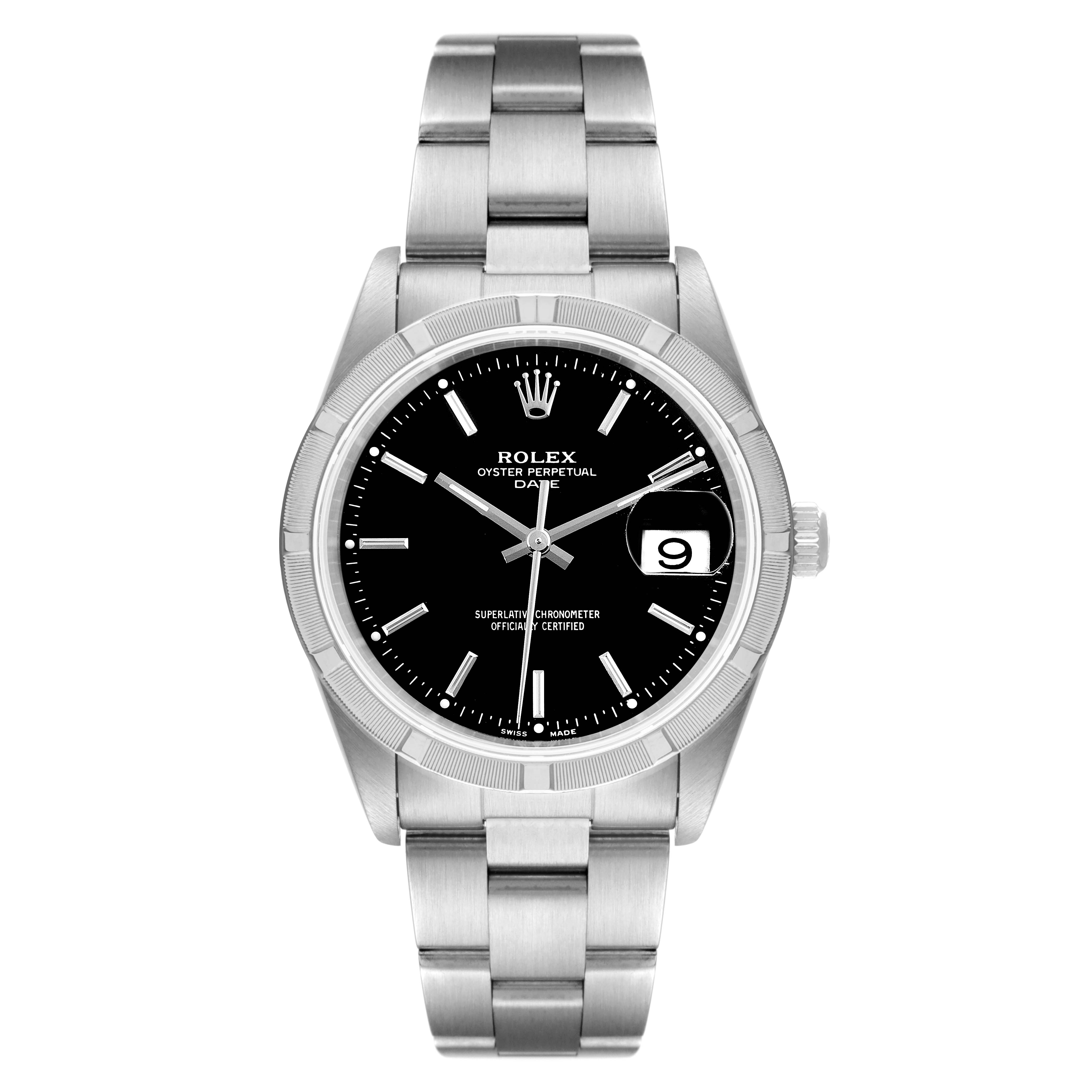 The image shows a front view of a Rolex Date 15210 Men's Stainless Steel Black Dial 15210 Men's Stainless Steel Black Dial model watch, displaying its black dial, bracelet, and date window.