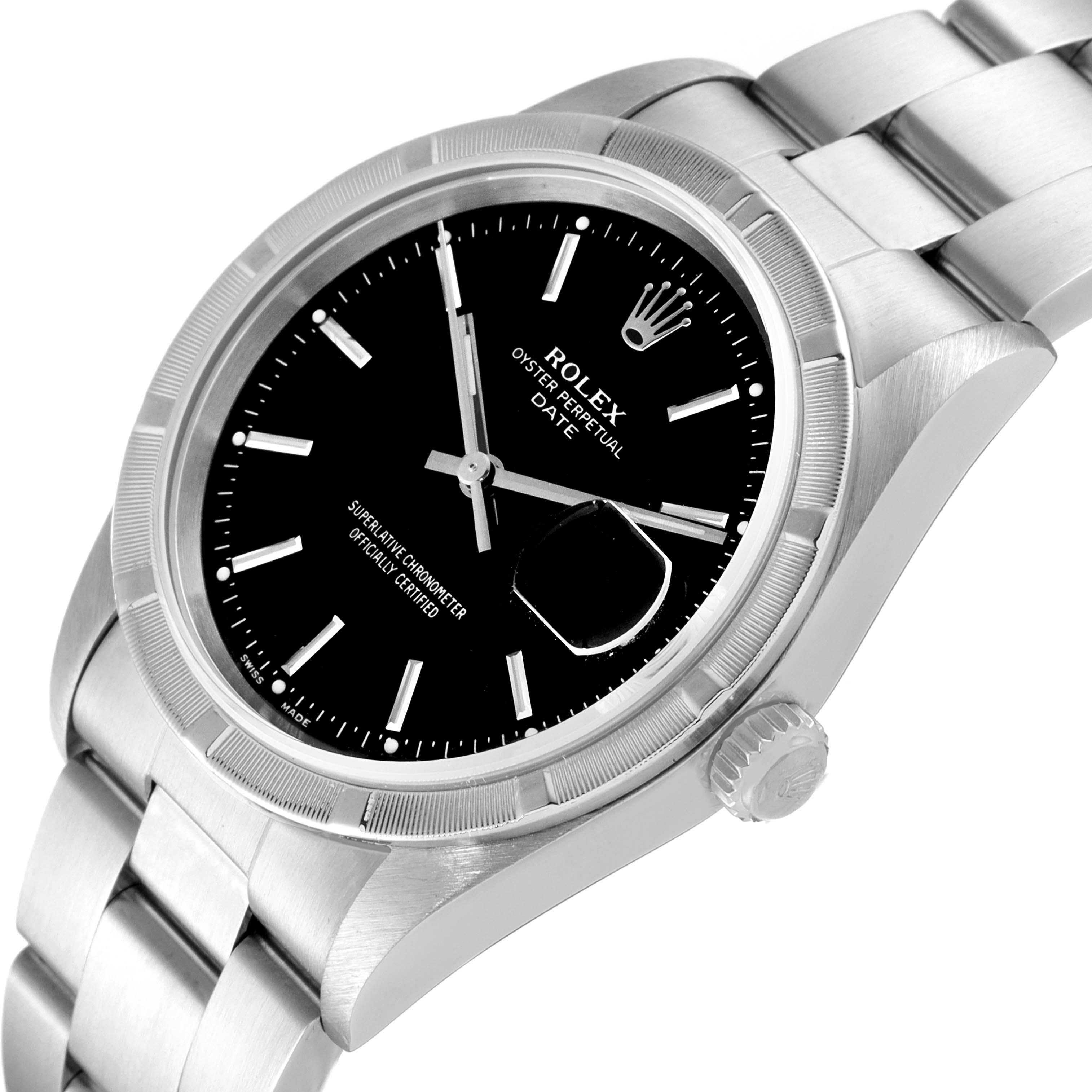 This image shows a close-up angle of the Rolex Date 15210 Men's Stainless Steel Black Dial 15210 Men's Stainless Steel Black Dial model, highlighting the dial, bezel, crown, and part of the bracelet.
