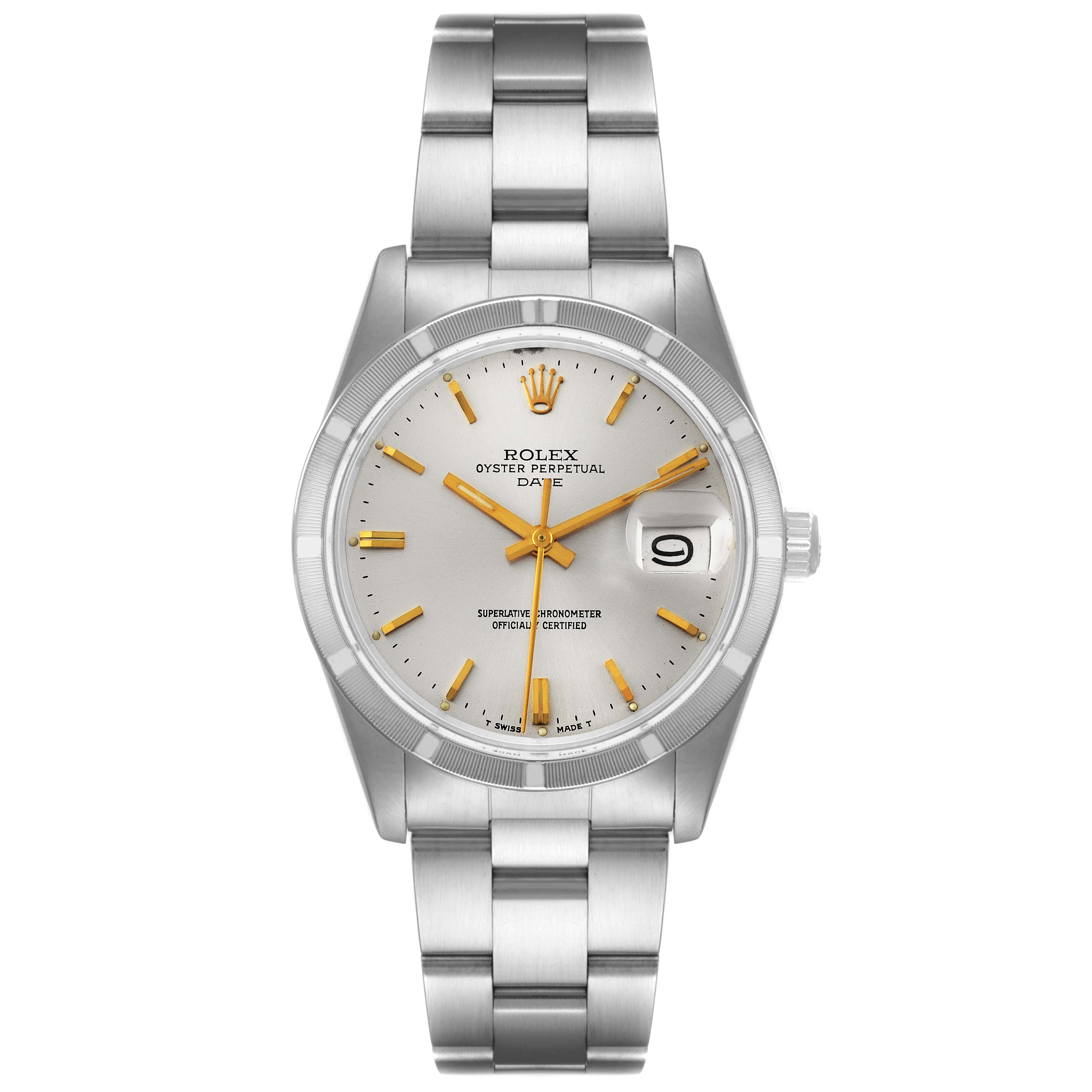 The image shows a Rolex Vintage Collection 15010 Men's Stainless Steel Silver Dial 15010 Men's Stainless Steel Silver Dial watch, captured from a front angle, displaying the face, bracelet, and date feature.
