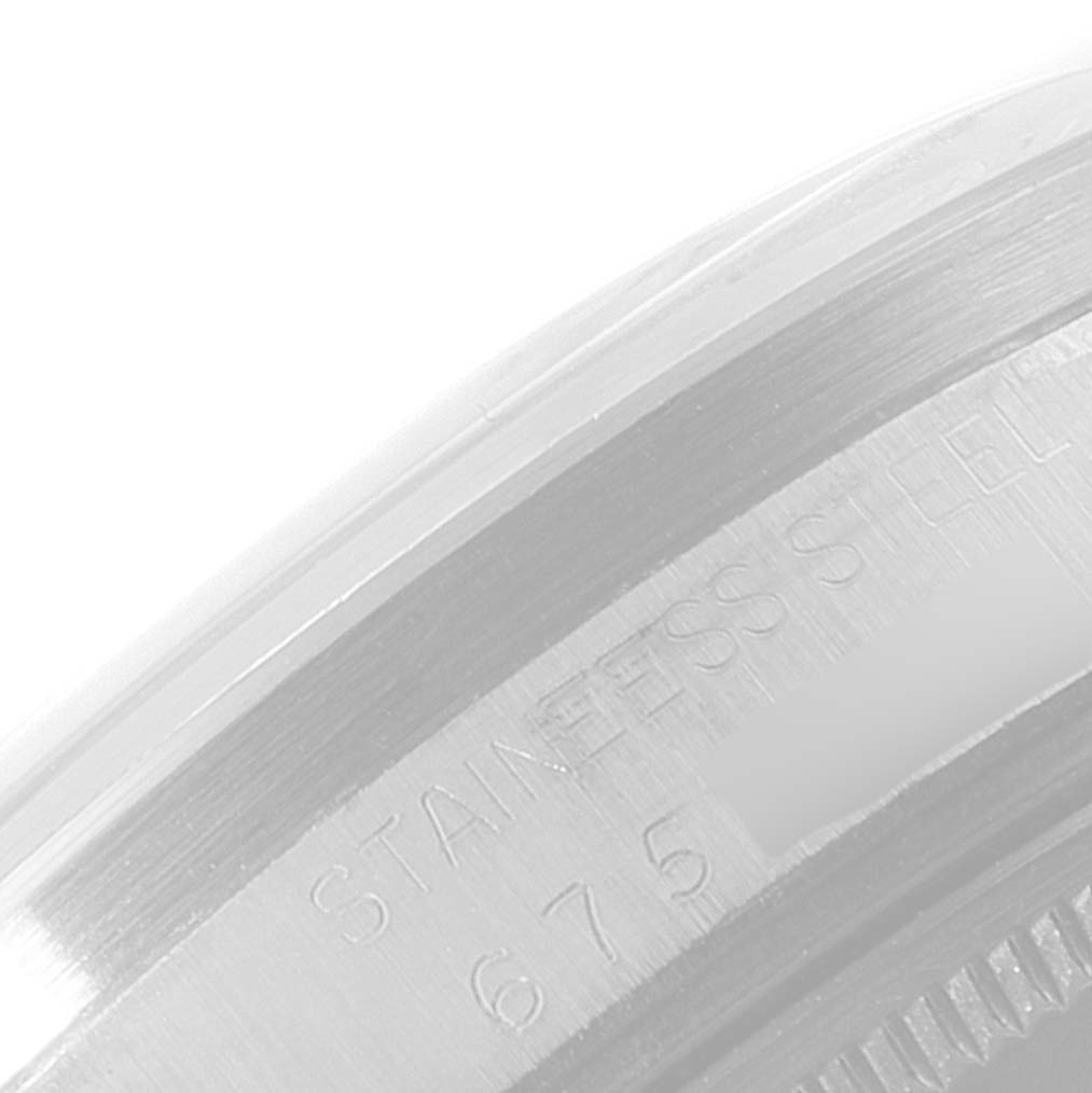This image shows a close-up of the stainless steel back case of the Rolex Vintage Collection 15010 Men's Stainless Steel Silver Dial 15010 Men's Stainless Steel Silver Dial watch.