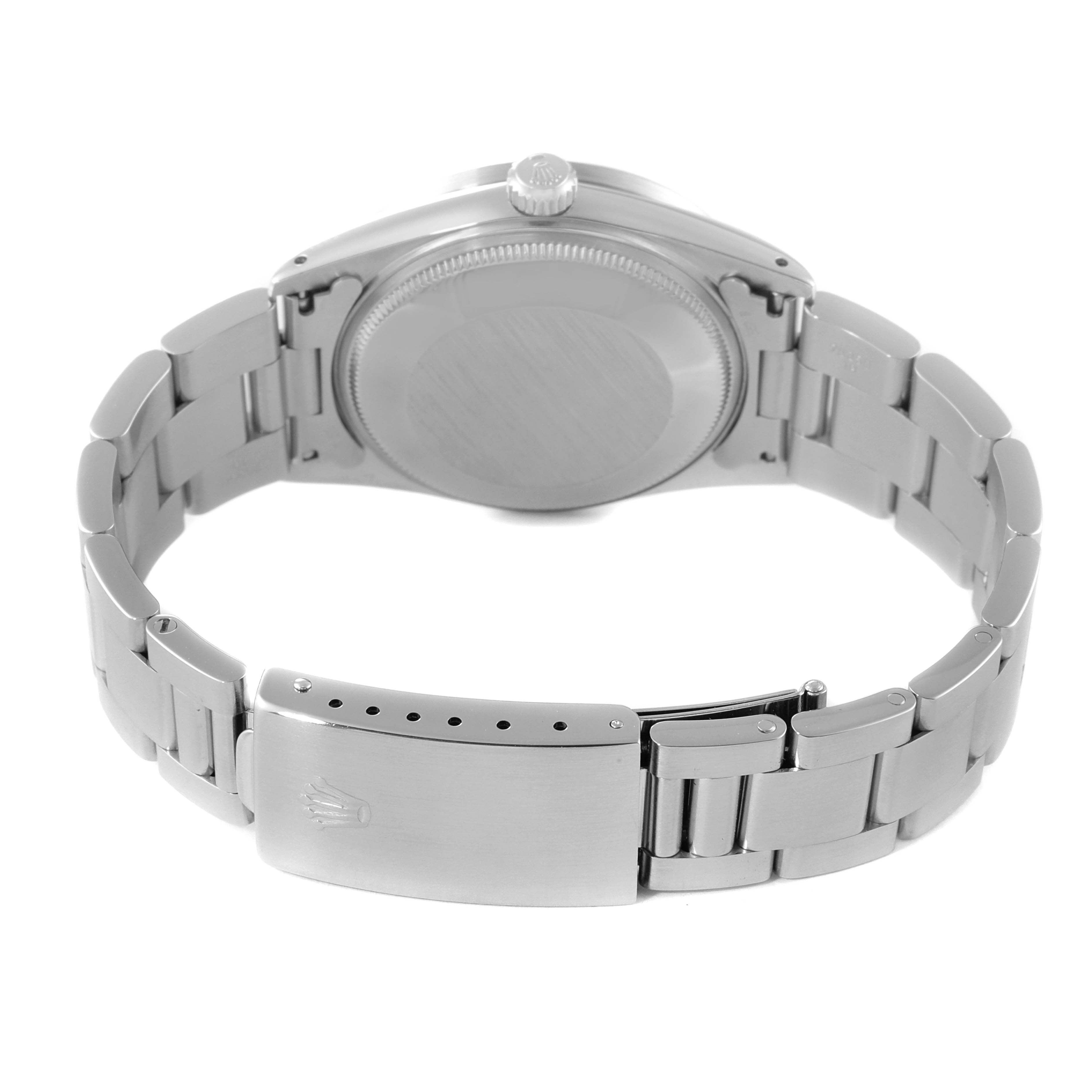 The image shows the back view of a Rolex Vintage Collection 15010 Men's Stainless Steel Silver Dial 15010 Men's Stainless Steel Silver Dial watch with visible case back, bracelet, and clasp.