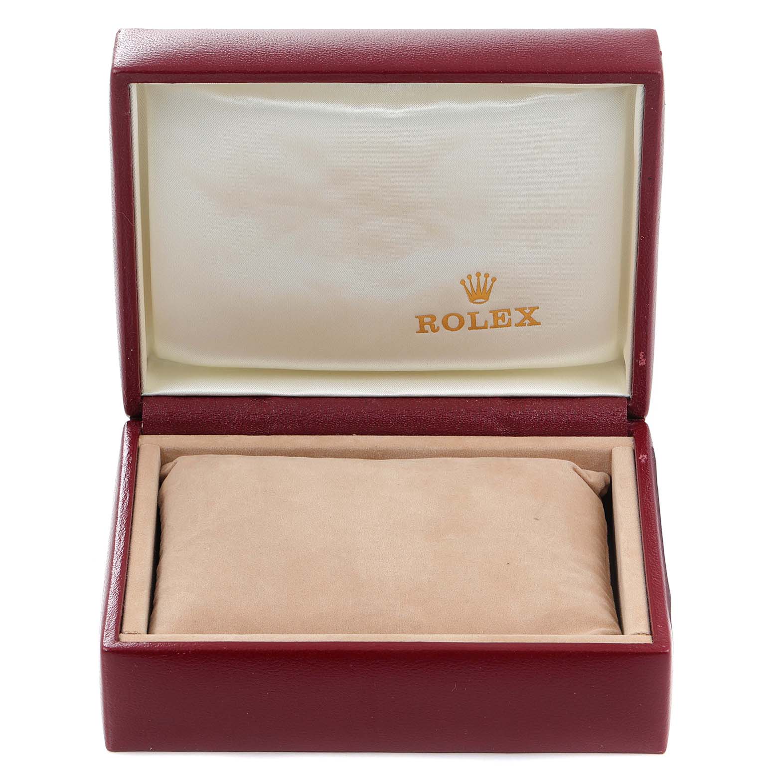 The image shows an open red Rolex watch box without the Datejust model inside, displaying the Rolex logo inside the lid.