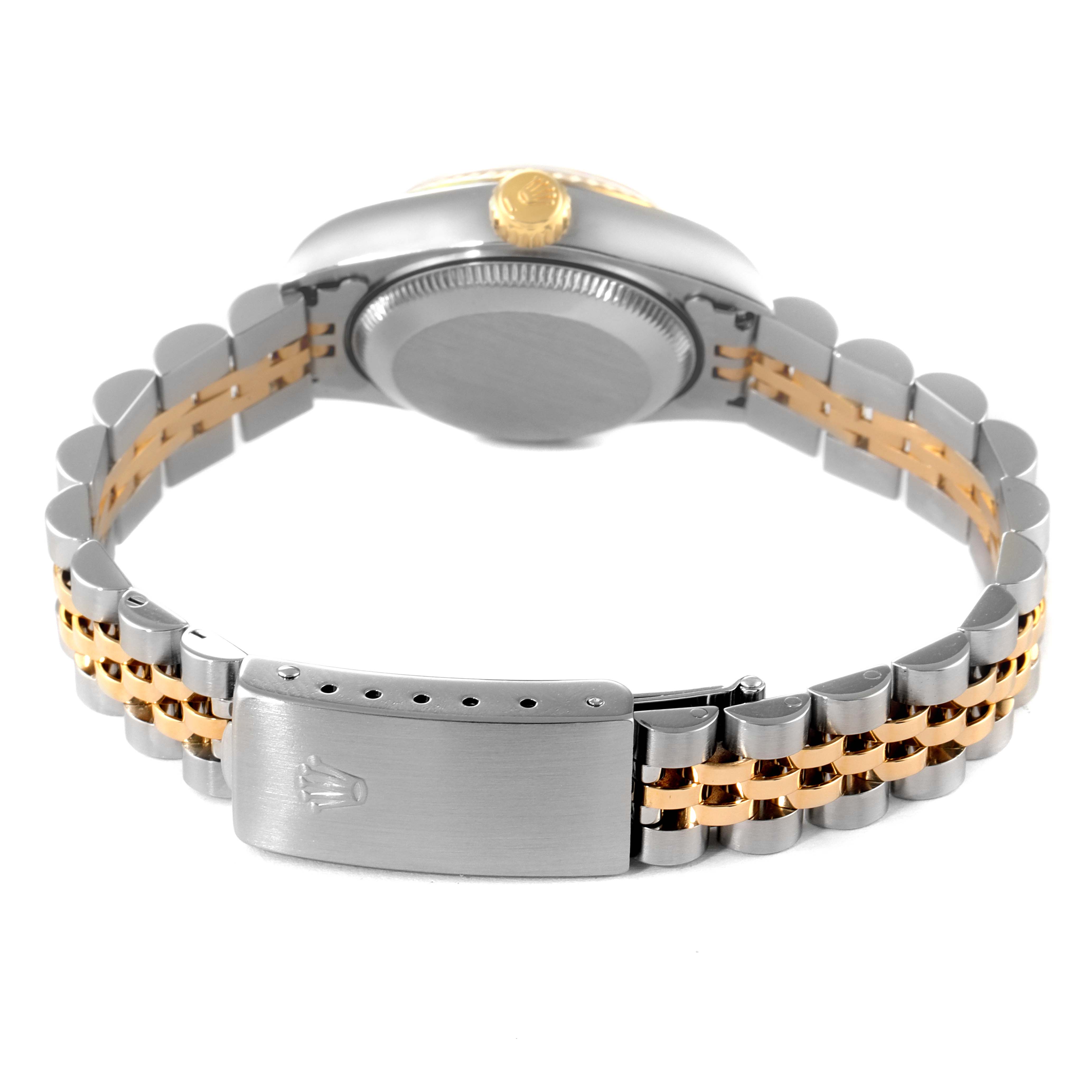 This image shows the back view of a Rolex Datejust 69173 Women
s Steel and Gold (two tone) Champagne Dial 69173 Women
s Steel and Gold (two tone) Champagne Dial watch, highlighting its metal and gold bracelet and clasp.