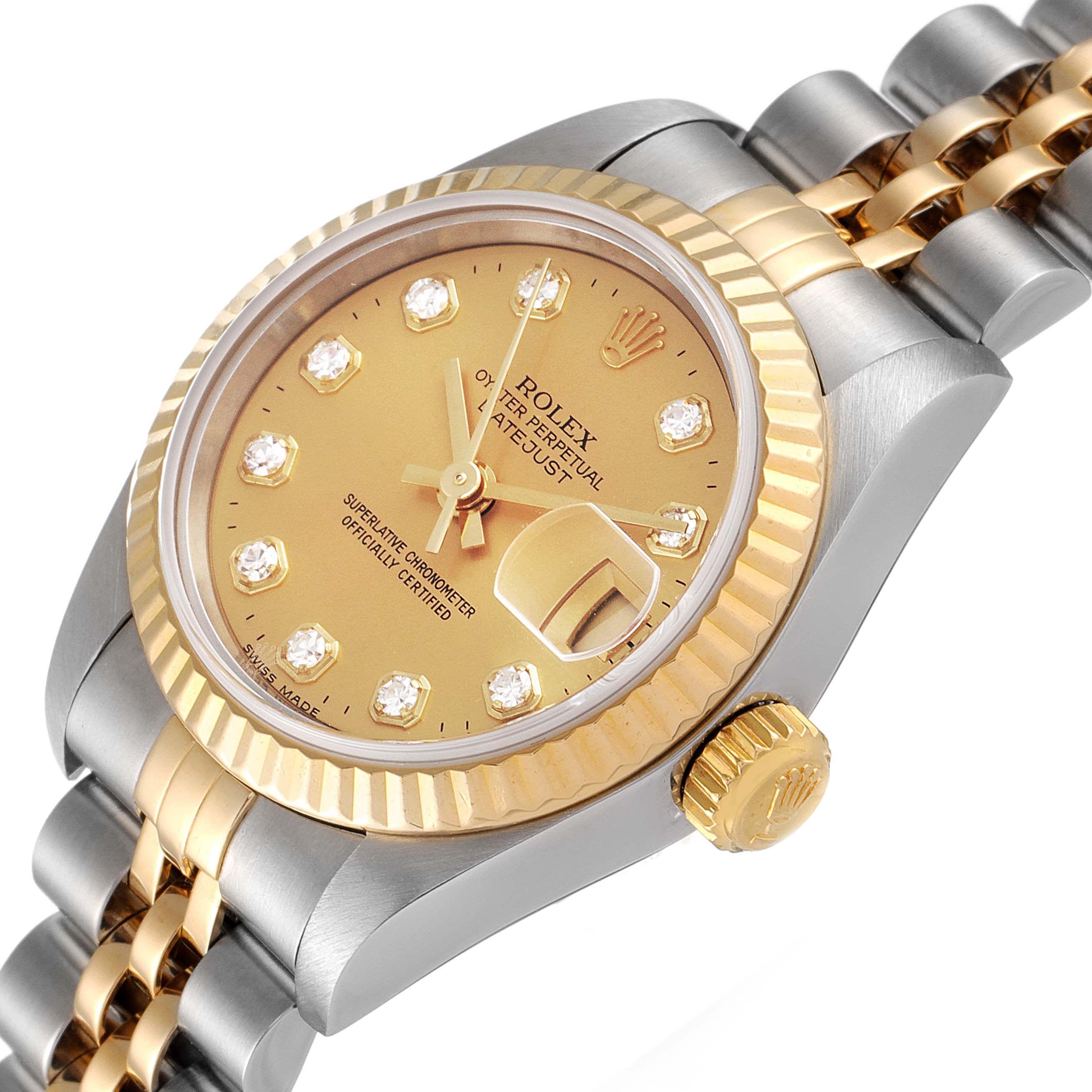 This image shows a Rolex Datejust 69173 Women
s Steel and Gold (two tone) Champagne Dial 69173 Women
s Steel and Gold (two tone) Champagne Dial watch angled to display the face, fluted bezel, crown, and part of the two-tone bracelet.