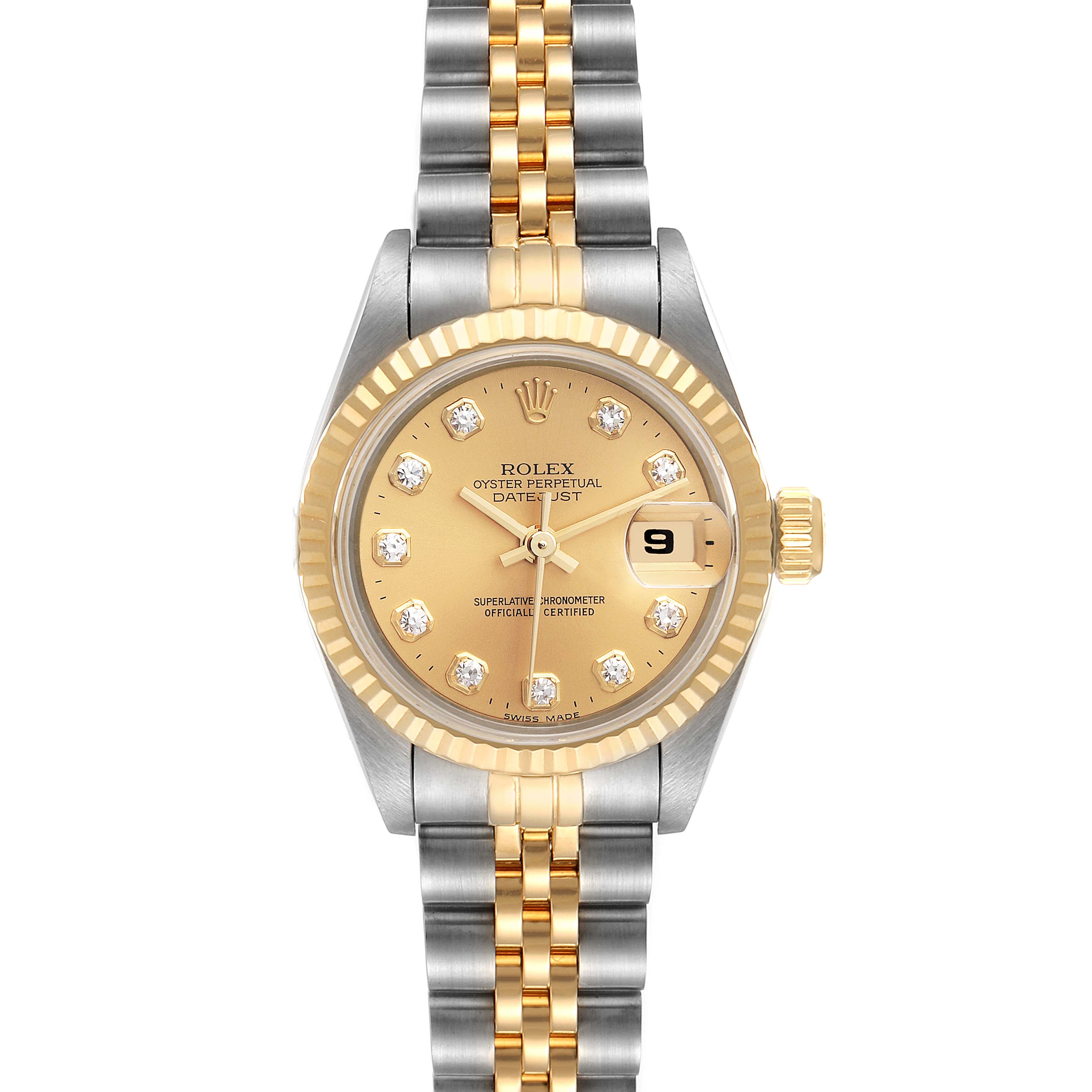 The image shows a frontal view of a Rolex Datejust 69173 Women
s Steel and Gold (two tone) Champagne Dial 69173 Women
s Steel and Gold (two tone) Champagne Dial watch, showcasing its dial, fluted bezel, and two-tone bracelet.