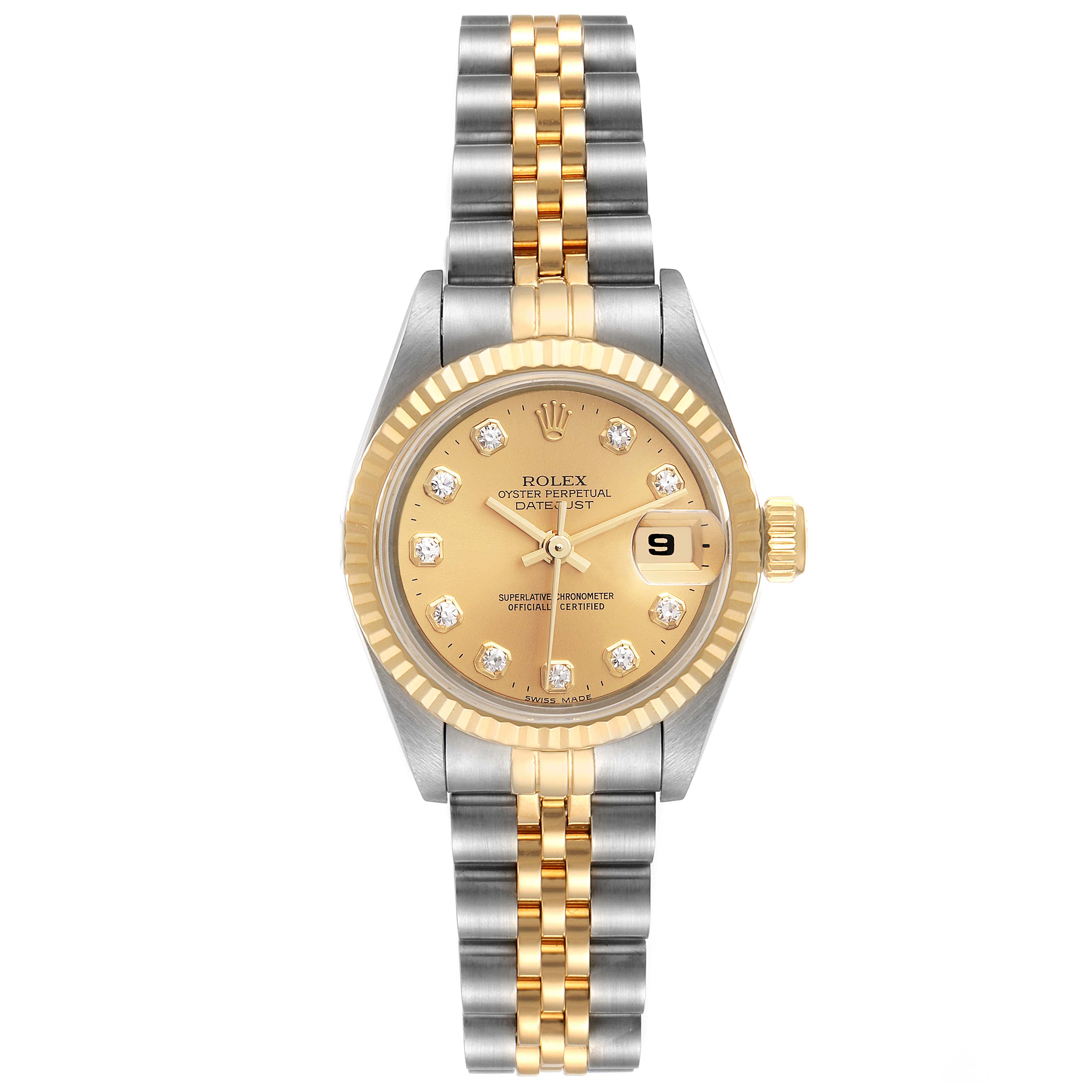 The image shows a front view of the Rolex Datejust 69173 Women
s Steel and Gold (two tone) Champagne Dial 69173 Women
s Steel and Gold (two tone) Champagne Dial watch, highlighting its two-tone metallic bracelet, gold dial, and fluted bezel.