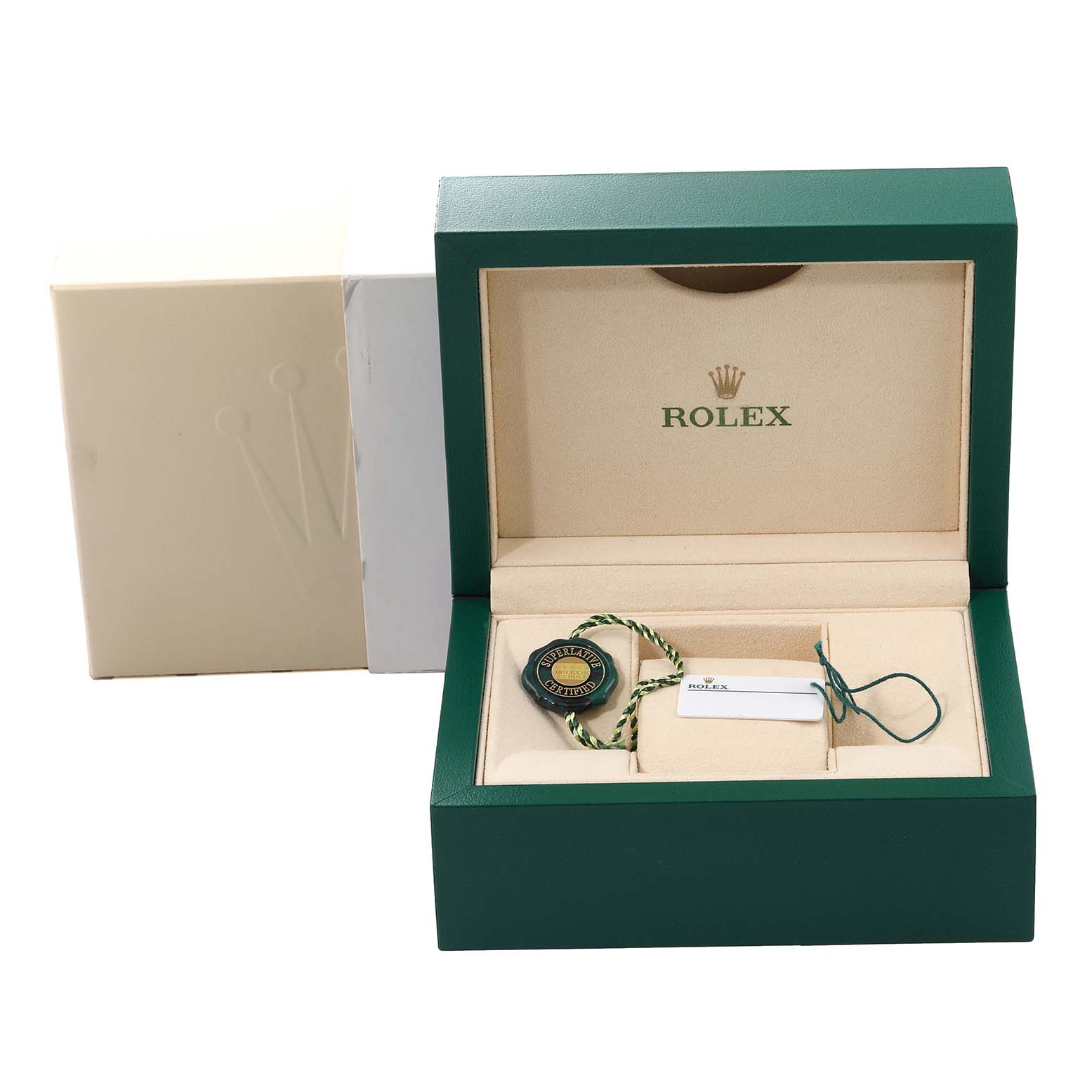 The image shows an open Rolex Datejust 279173 Women's Steel and Gold (two tone) Champagne Dial 279173 Women's Steel and Gold (two tone) Champagne Dial watch box with a tag and a certificate inside, viewed from the front.