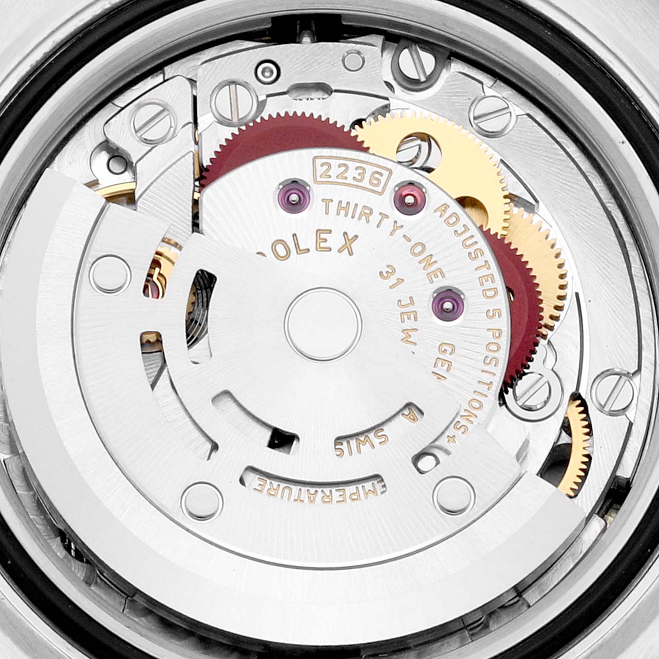 This close-up shows the intricate movement and internal components of a Rolex Datejust 279173 Women's Steel and Gold (two tone) Champagne Dial 279173 Women's Steel and Gold (two tone) Champagne Dial watch.