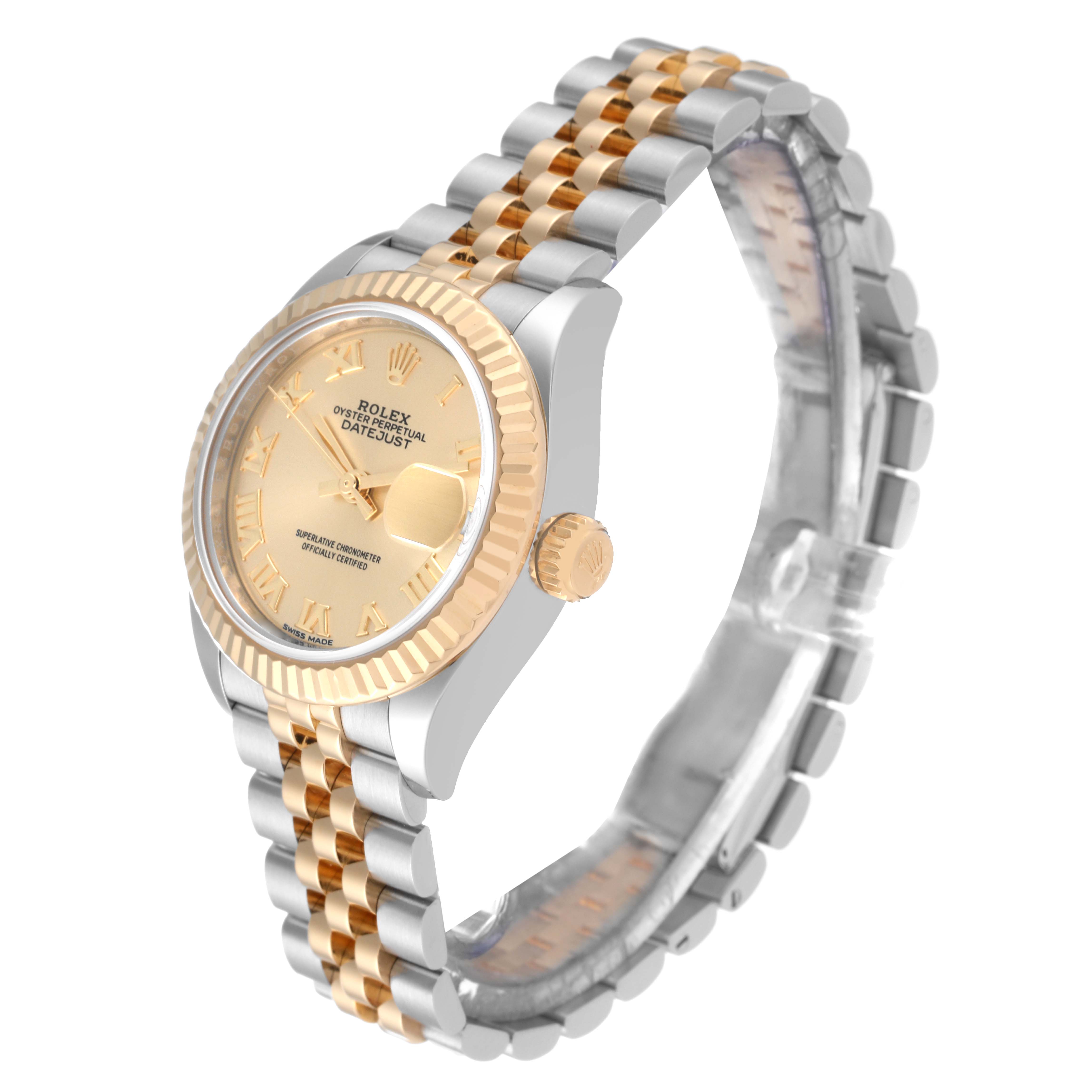 The Rolex Datejust 279173 Women's Steel and Gold (two tone) Champagne Dial 279173 Women's Steel and Gold (two tone) Champagne Dial watch is shown at a three-quarter angle highlighting its gold bezel, crown, and two-tone bracelet.