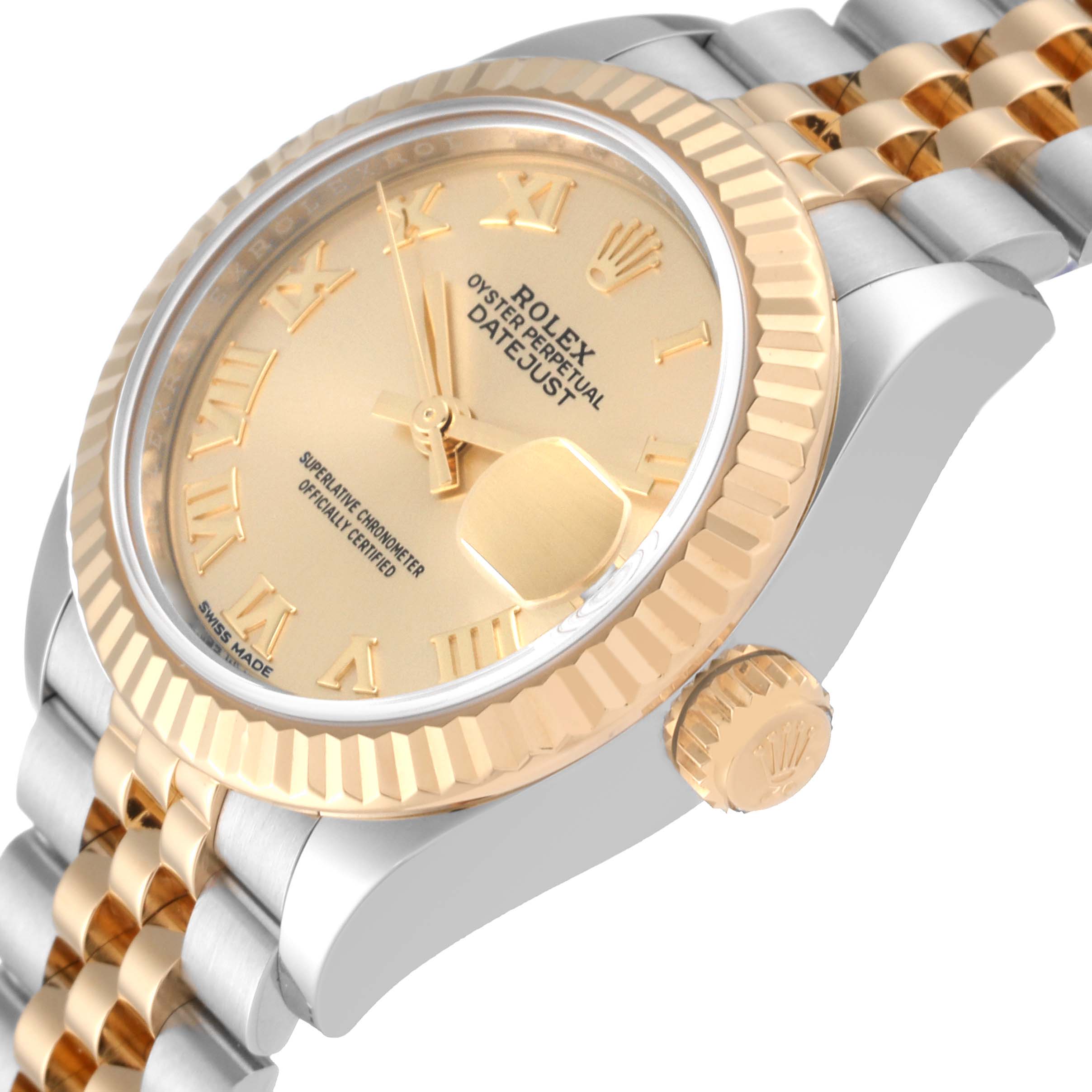 The image shows a close-up side angle of a Rolex Datejust 279173 Women's Steel and Gold (two tone) Champagne Dial 279173 Women's Steel and Gold (two tone) Champagne Dial watch, highlighting the bezel, crown, and part of the bracelet.