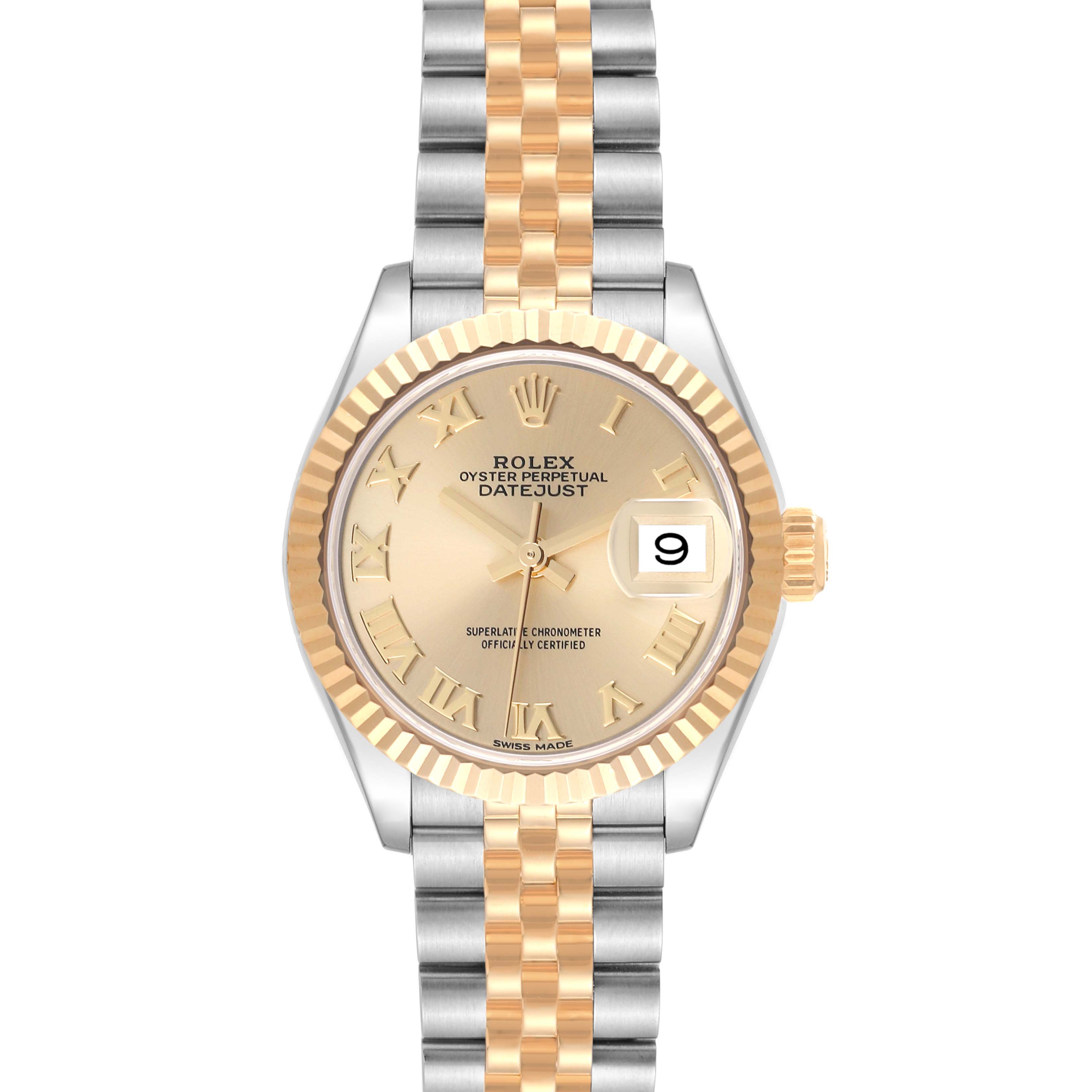 The image shows a front view of a Rolex Datejust 279173 Women's Steel and Gold (two tone) Champagne Dial 279173 Women's Steel and Gold (two tone) Champagne Dial watch, featuring a two-tone bracelet and a gold fluted bezel.