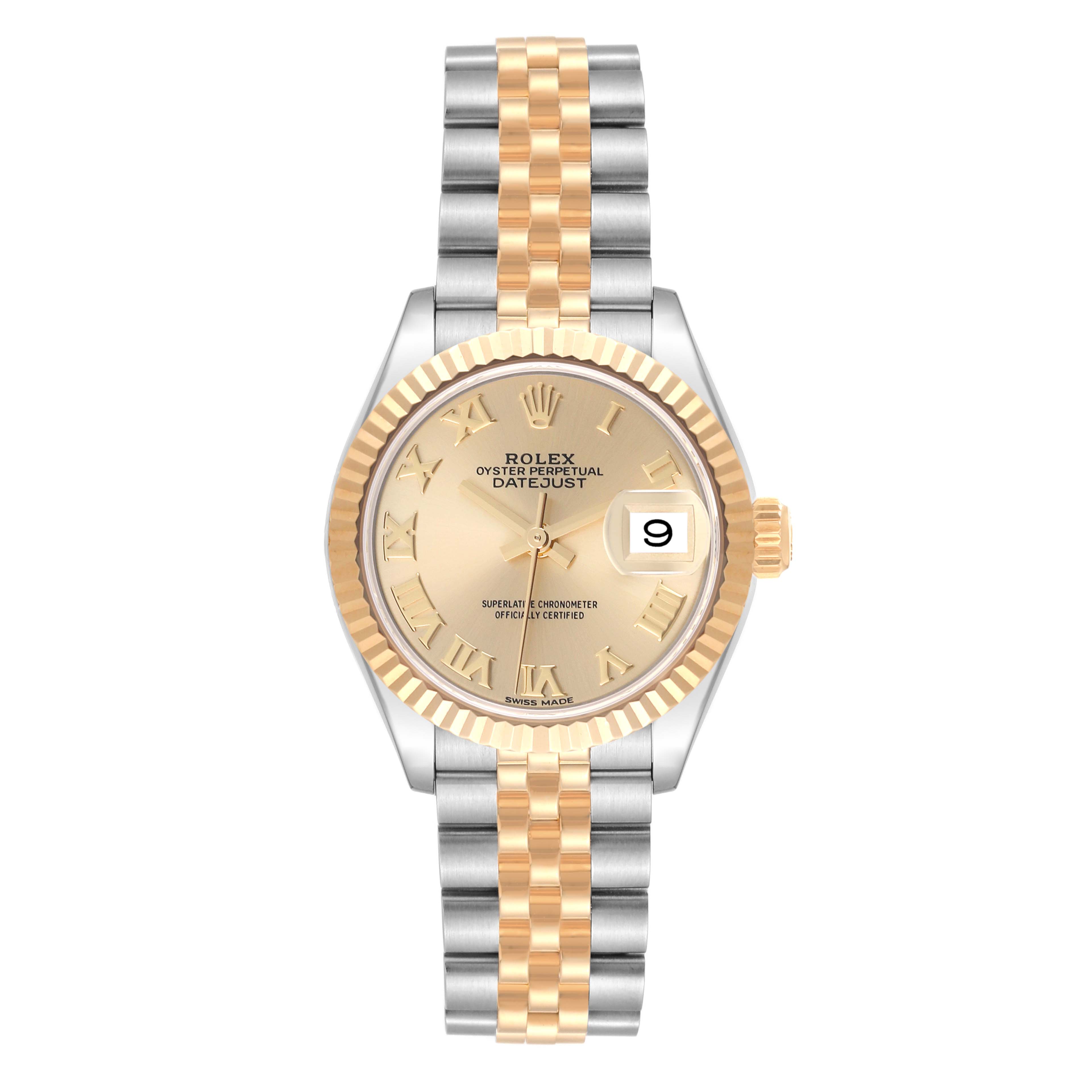 This image shows a front view of the Rolex Datejust 279173 Women's Steel and Gold (two tone) Champagne Dial 279173 Women's Steel and Gold (two tone) Champagne Dial watch, displaying its face, bezel, and two-tone bracelet.
