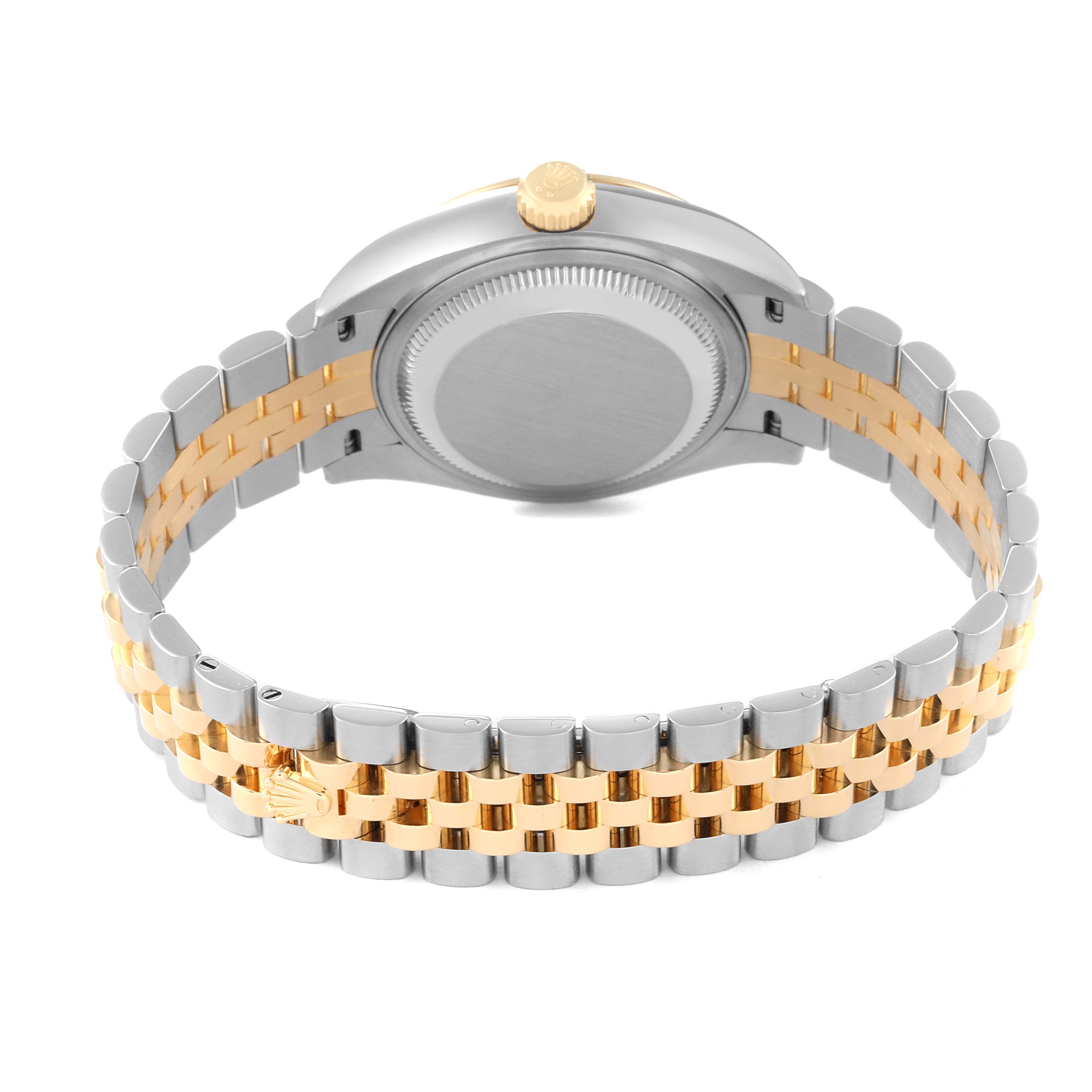 The image shows the back of a Rolex Datejust 279173 Women's Steel and Gold (two tone) Champagne Dial 279173 Women's Steel and Gold (two tone) Champagne Dial watch, highlighting its gold and silver bracelet and crown.