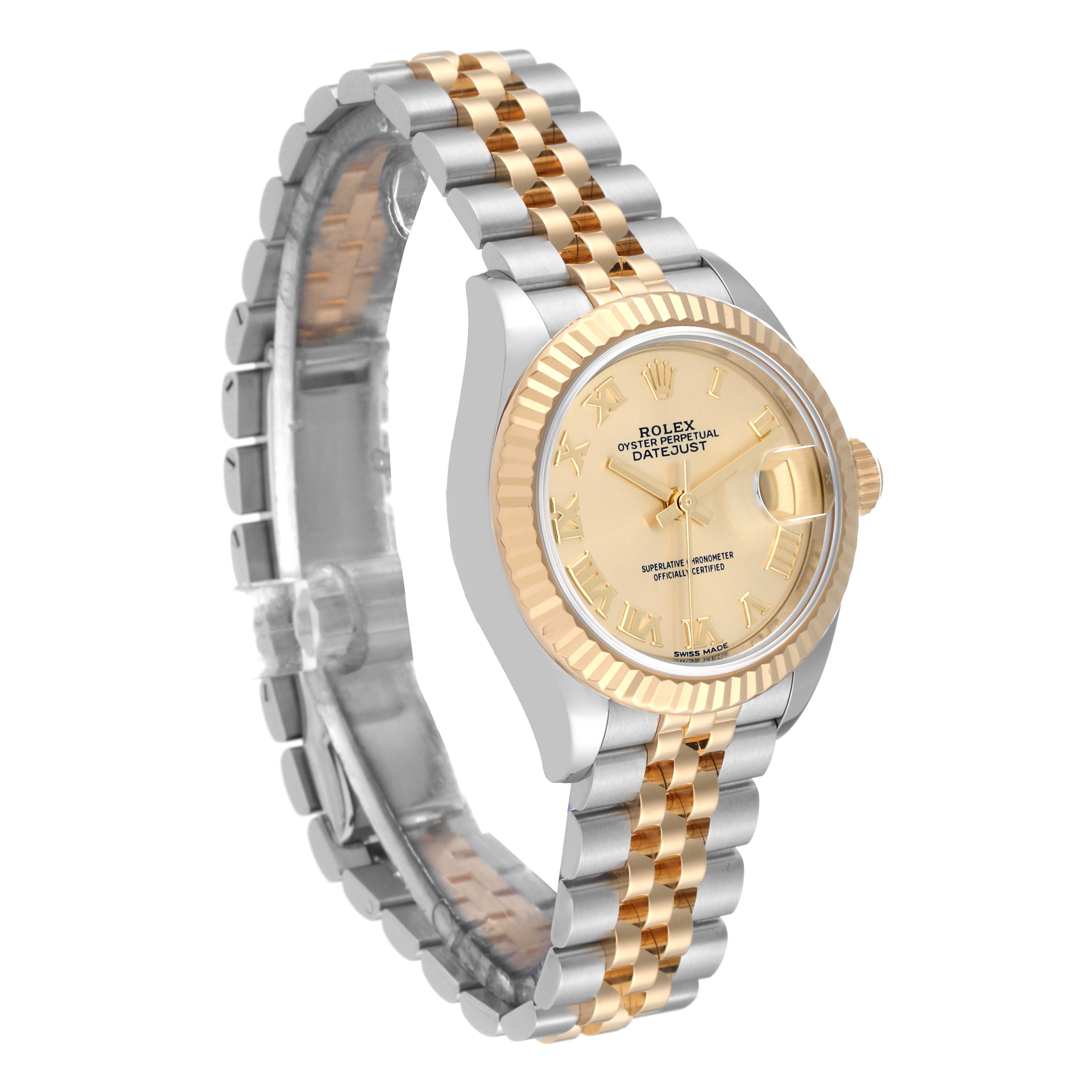 The Rolex Datejust 279173 Women's Steel and Gold (two tone) Champagne Dial 279173 Women's Steel and Gold (two tone) Champagne Dial watch is shown at a three-quarter angle, highlighting the gold and silver bracelet, yellow gold bezel, and cream dial.