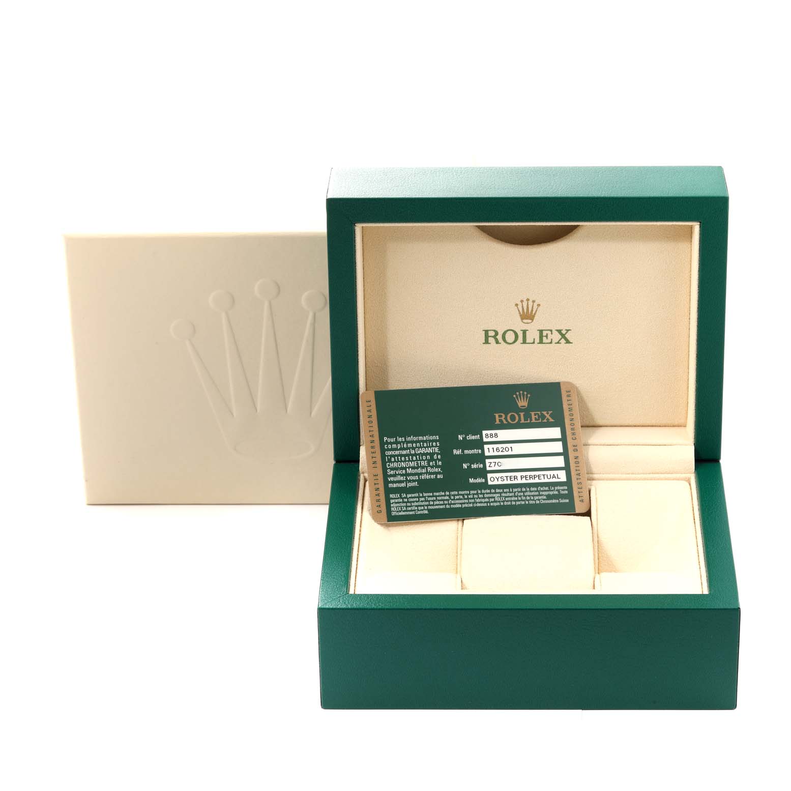 The image shows an open Rolex Datejust 116201 Men's Steel and Gold (two tone) Silver Dial 116201 Men's Steel and Gold (two tone) Silver Dial watch box with an instruction card displayed inside.