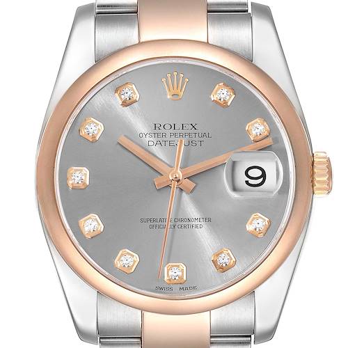 Photo of Rolex Datejust 36 Steel Rose Gold Silver Diamond Dial Mens Watch 116201 Box Card