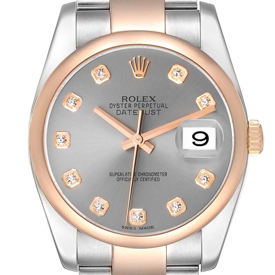 The image shows a close-up, front-facing view of the dial and bezel of a Rolex Datejust watch, highlighting the date feature and diamond hour markers.