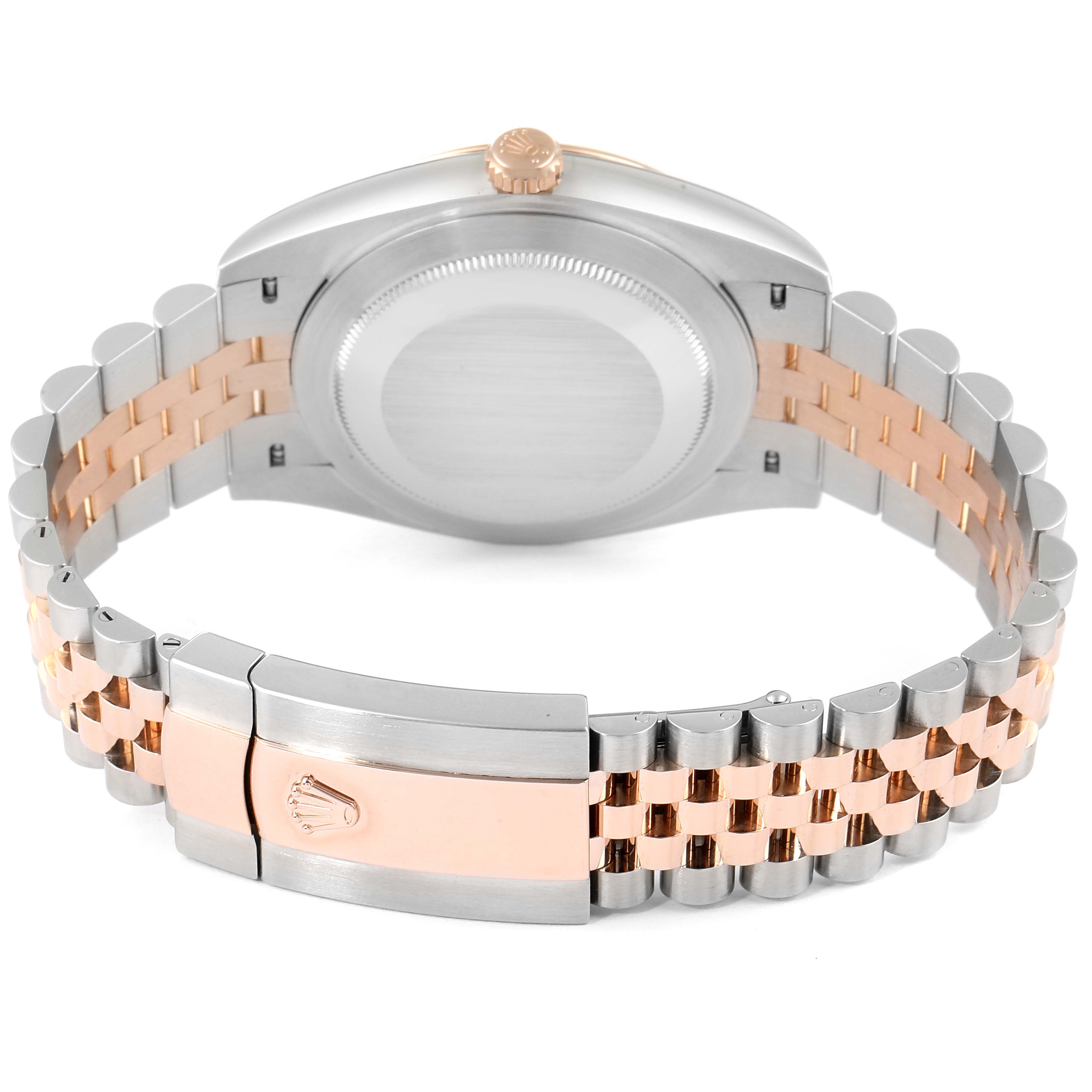 The image shows the back and clasp of a Rolex Datejust 41 126331 Men's Steel and Gold (two tone) Silver Dial 126331 Men's Steel and Gold (two tone) Silver Dial watch, featuring a two-tone stainless steel and rose gold bracelet.