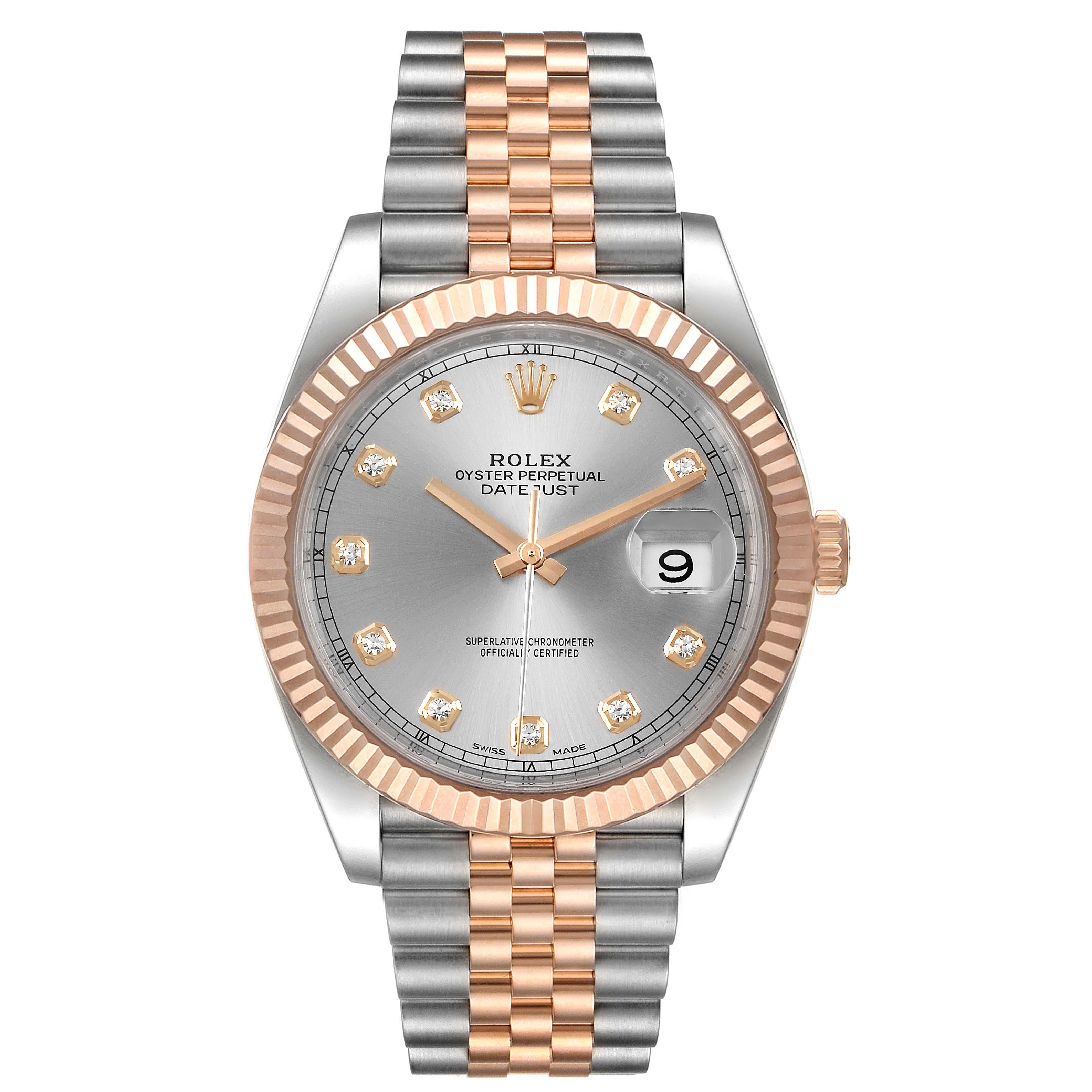 The image shows a front view of a Rolex Datejust 41 126331 Men's Steel and Gold (two tone) Silver Dial 126331 Men's Steel and Gold (two tone) Silver Dial watch with a two-tone gold and silver Jubilee bracelet.