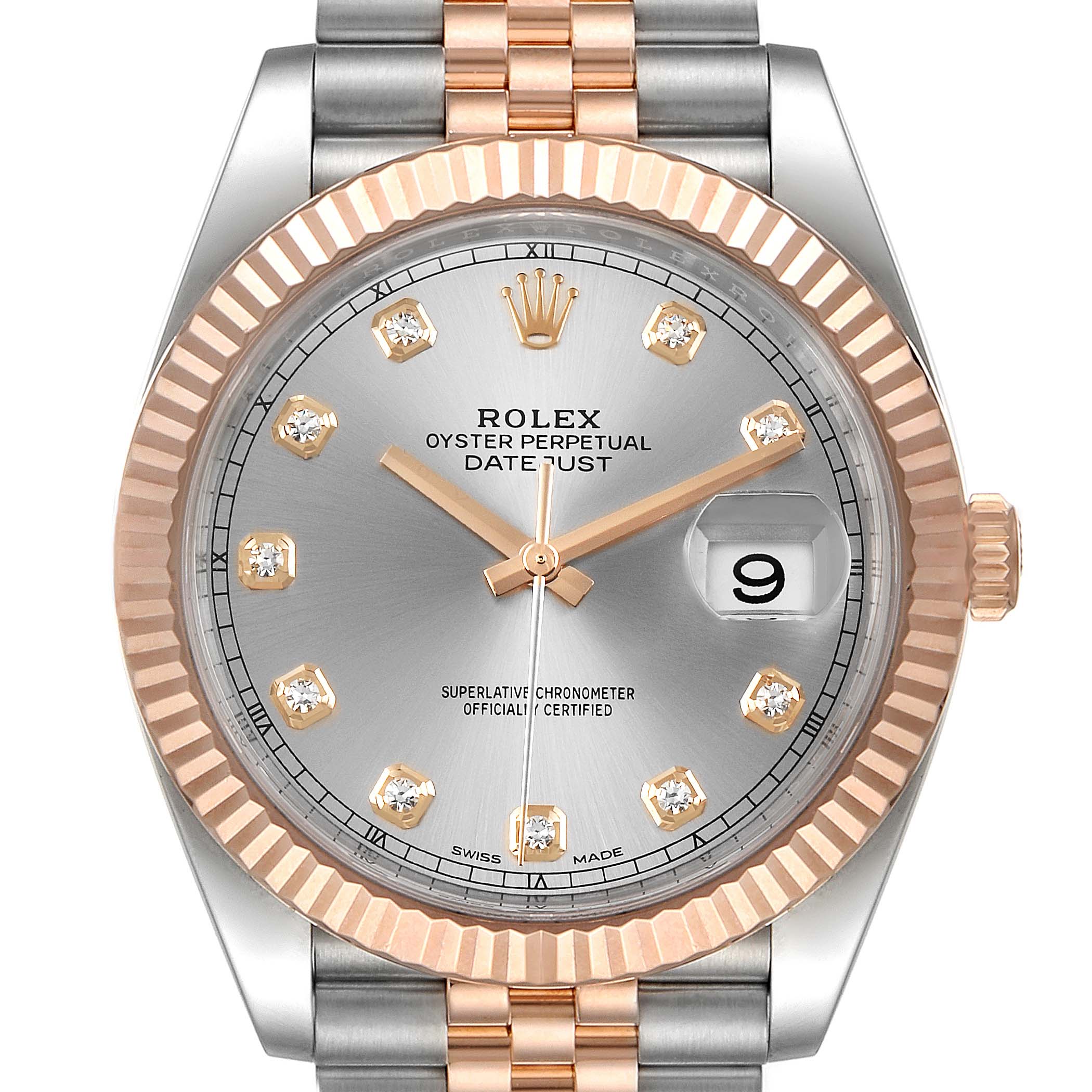 This image shows the face of the Rolex Datejust 41 126331 Men's Steel and Gold (two tone) Silver Dial 126331 Men's Steel and Gold (two tone) Silver Dial, displaying its dial, hands, date window, and part of the two-tone bracelet.