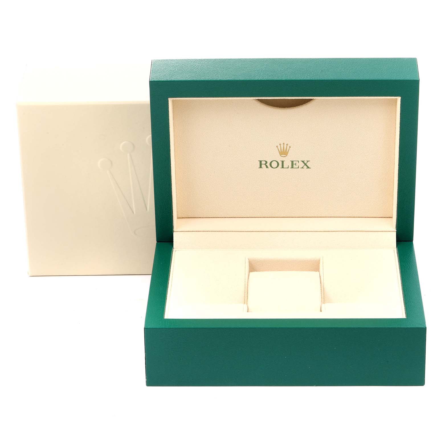 The image shows an open Rolex Datejust 41 126331 Men's Steel and Gold (two tone) Silver Dial 126331 Men's Steel and Gold (two tone) Silver Dial watch box, displaying the interior with the brand logo.