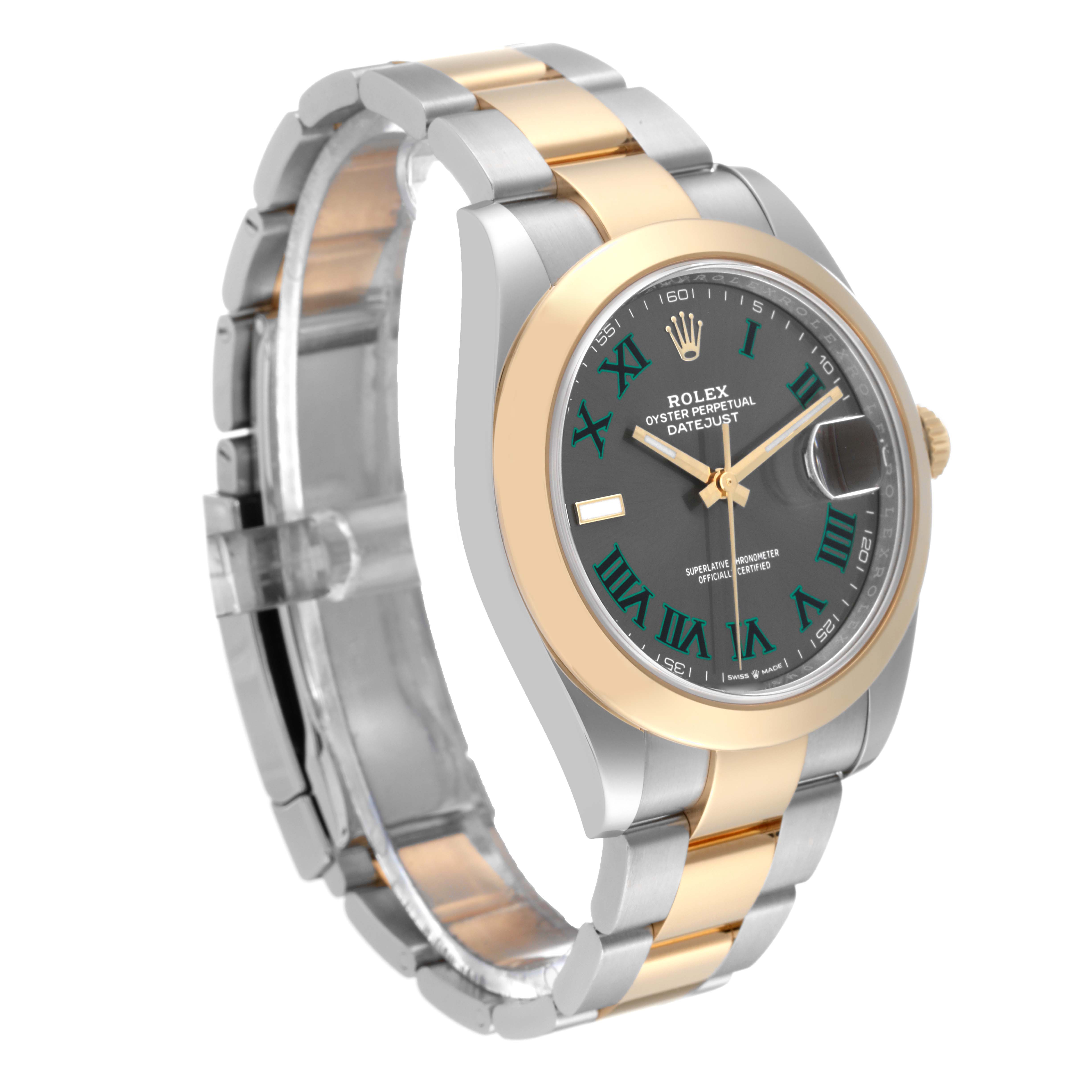 The image shows the Rolex Datejust 41 126303 Men's Steel and Gold (two tone) Grey Dial 126303 Men's Steel and Gold (two tone) Grey Dial watch at a three-quarter angle, highlighting its dial, bezel, and two-tone bracelet.