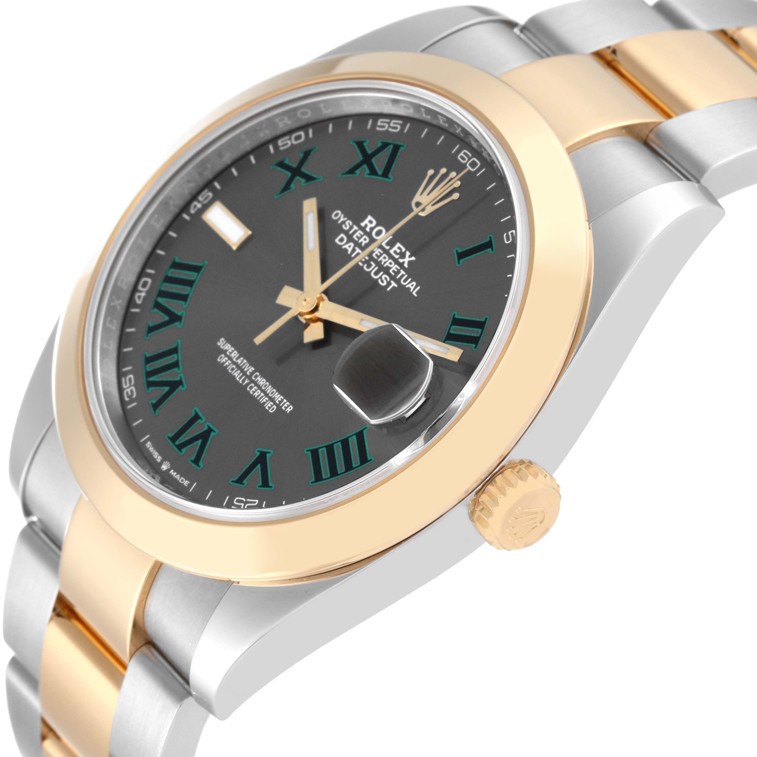 The image shows a close-up of the Rolex Datejust 41 126303 Men's Steel and Gold (two tone) Grey Dial 126303 Men's Steel and Gold (two tone) Grey Dial watch, highlighting the dial, bezel, and part of the bracelet.