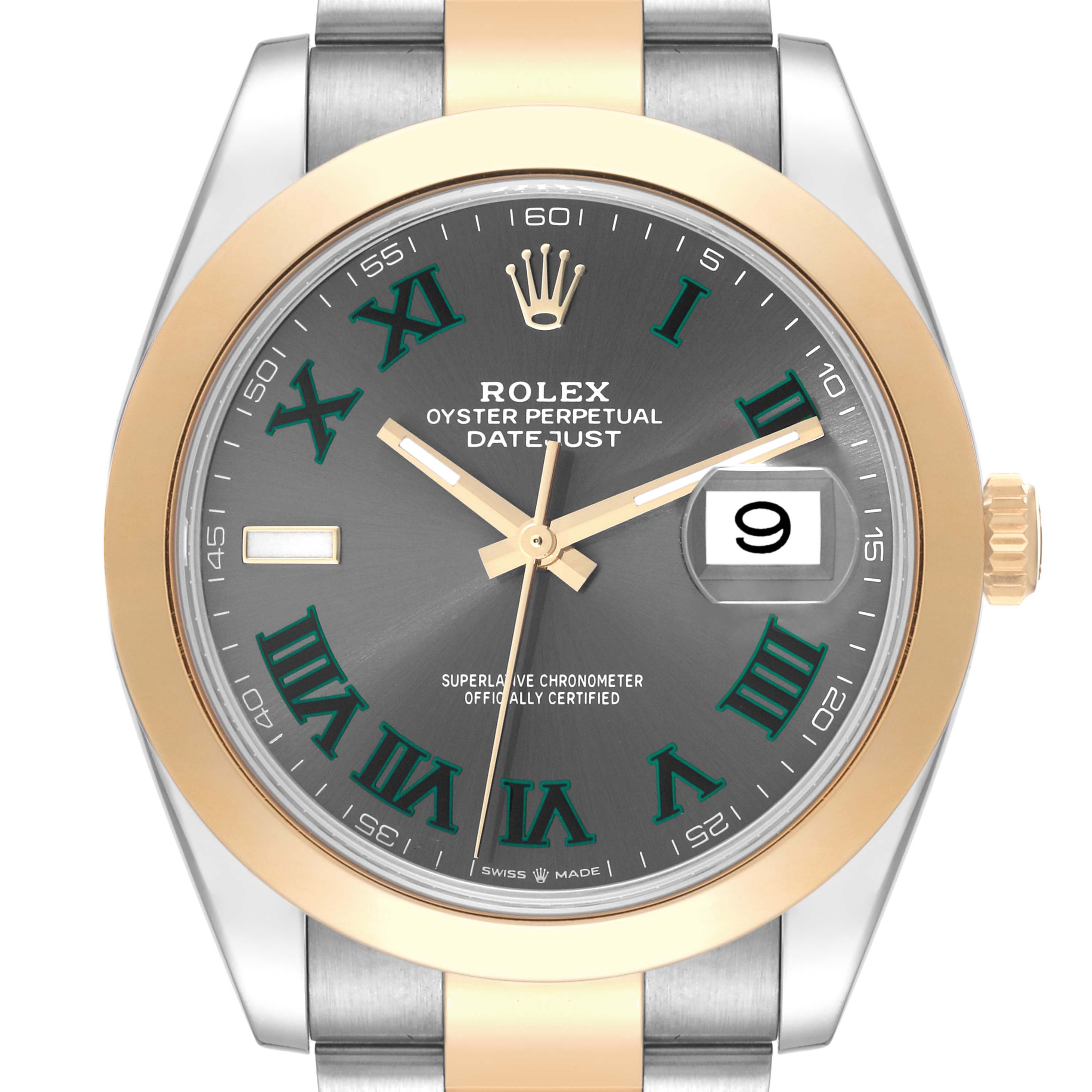The image shows a front view of the Rolex Datejust 41 126303 Men's Steel and Gold (two tone) Grey Dial 126303 Men's Steel and Gold (two tone) Grey Dial watch, featuring the dial, bezel, and part of the bracelet.