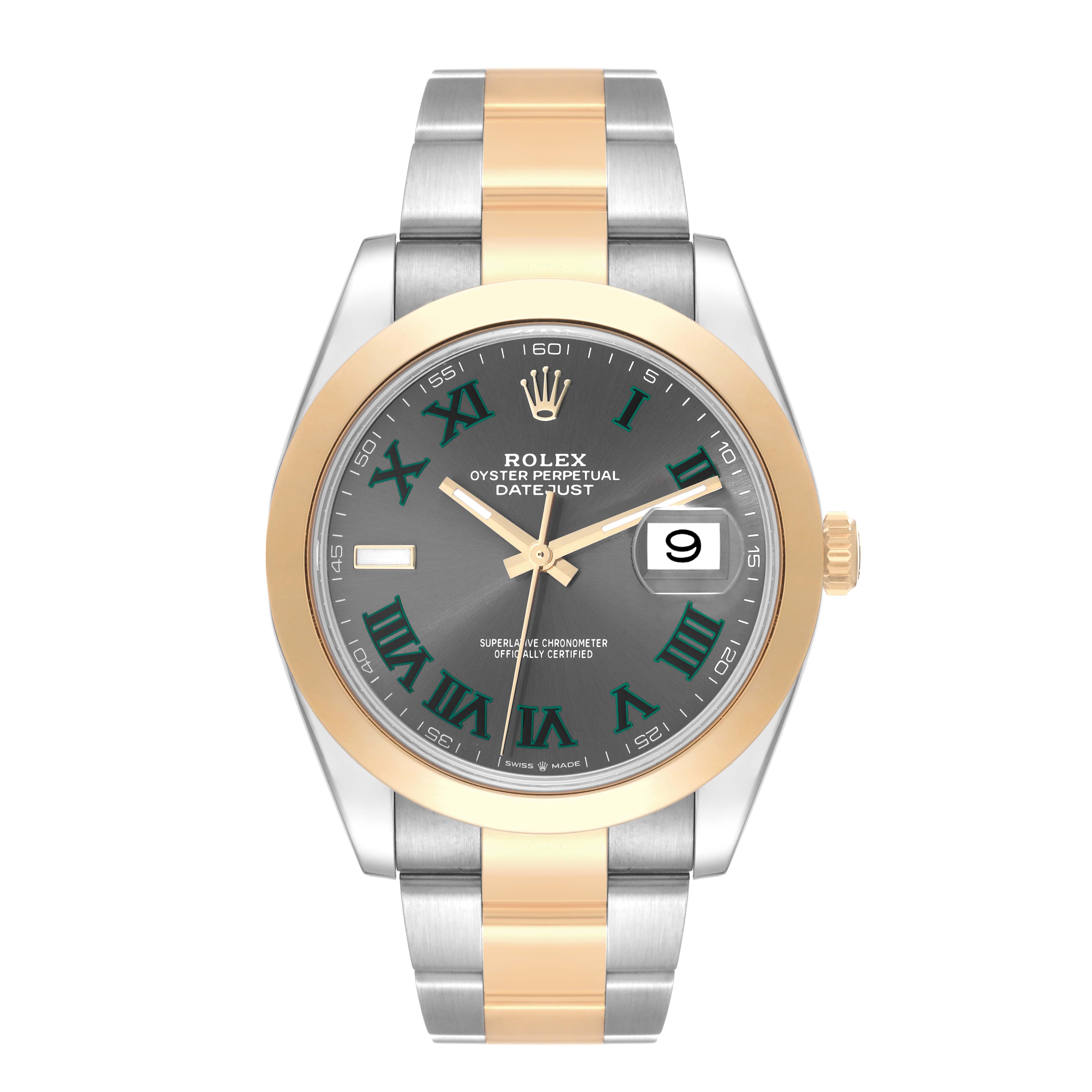 The Datejust 41 Rolex watch is shown from a top-down angle, displaying the face, bezel, and two-tone bracelet.