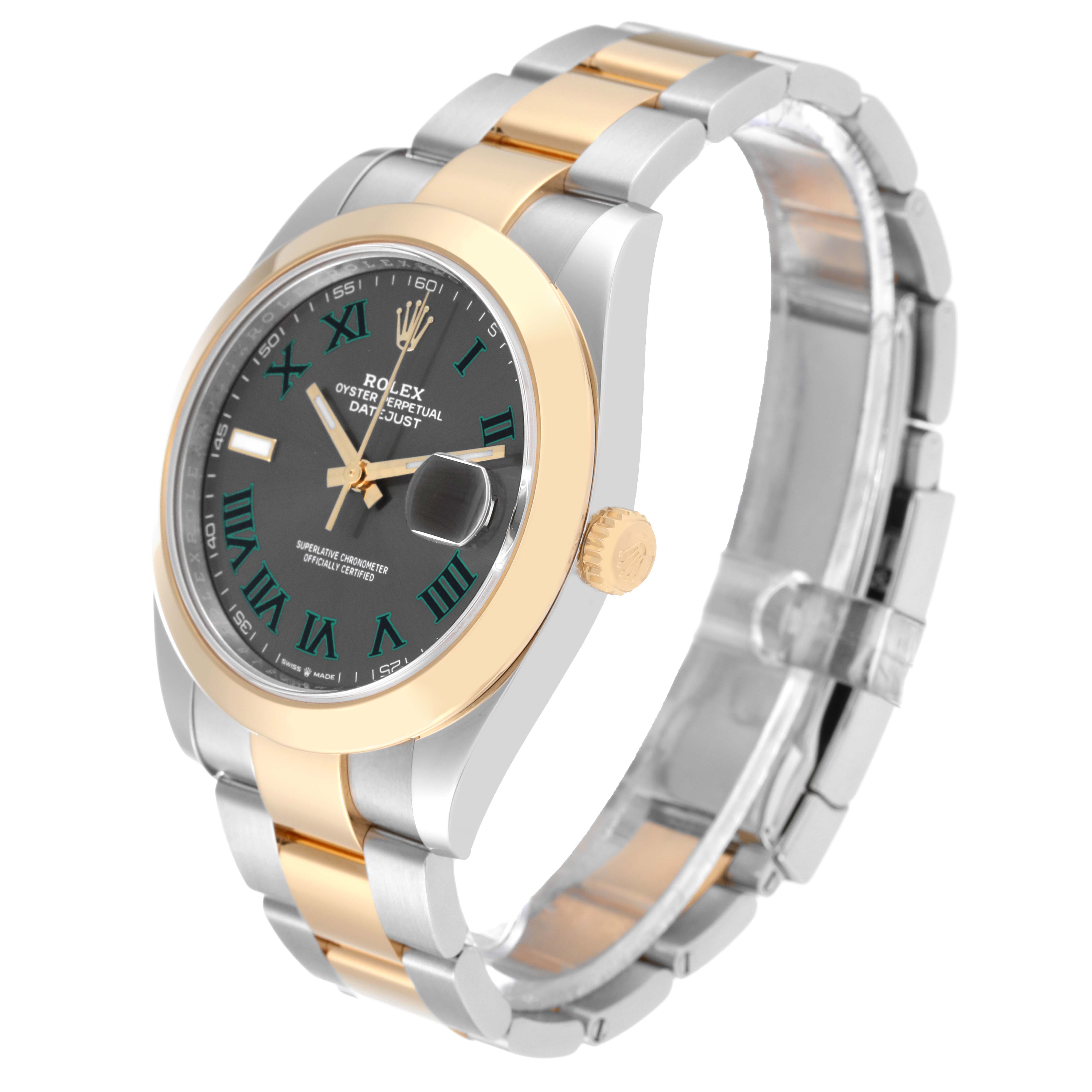 The Rolex Datejust 41 126303 Men's Steel and Gold (two tone) Grey Dial 126303 Men's Steel and Gold (two tone) Grey Dial watch is shown at a side angle, displaying the dial, bezel, crown, and part of the bracelet.