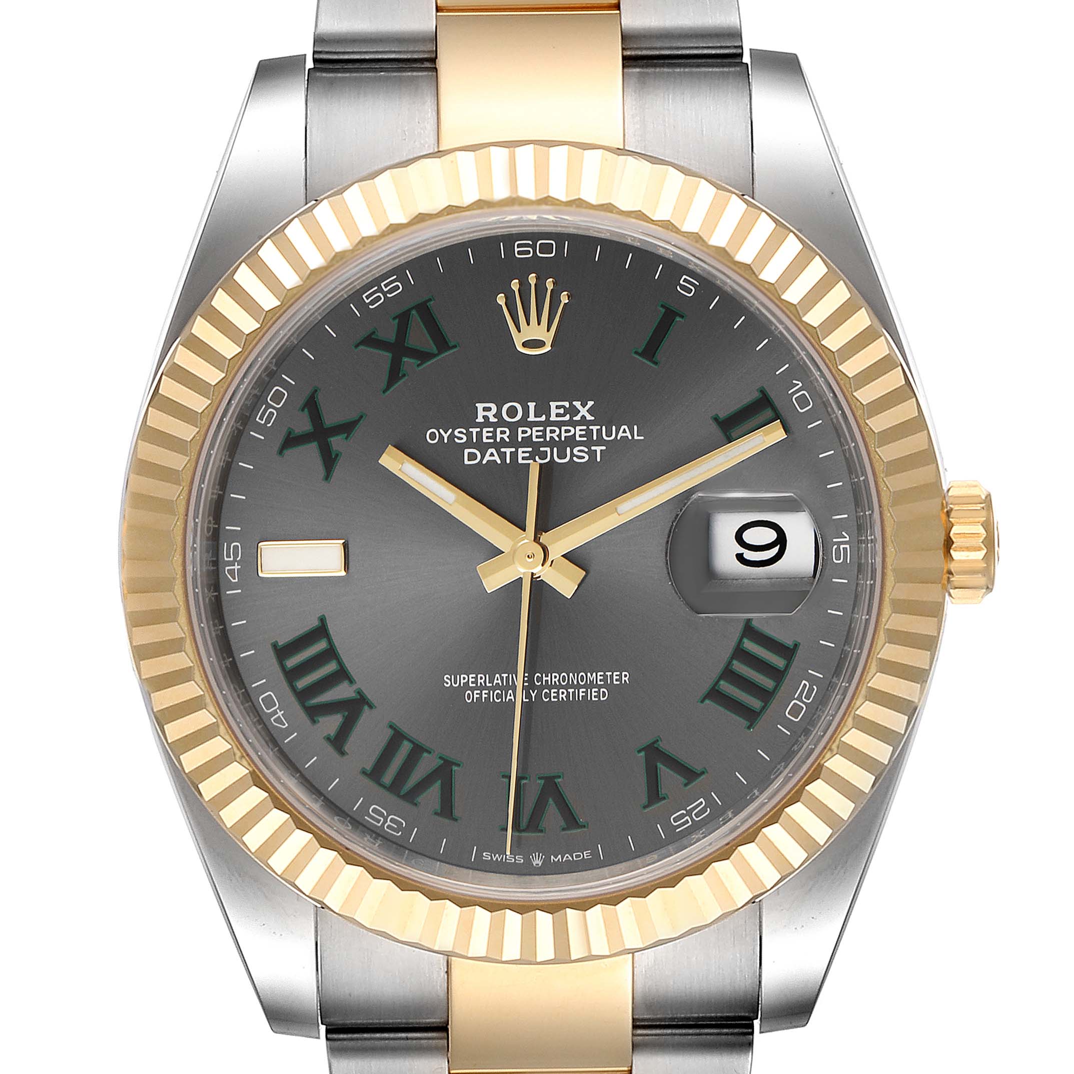 This image shows a front view of a Rolex Datejust 41 126333 Men's Steel and Gold (two tone) Grey Dial 126333 Men's Steel and Gold (two tone) Grey Dial watch, highlighting its dial, bezel, and part of the bracelet.