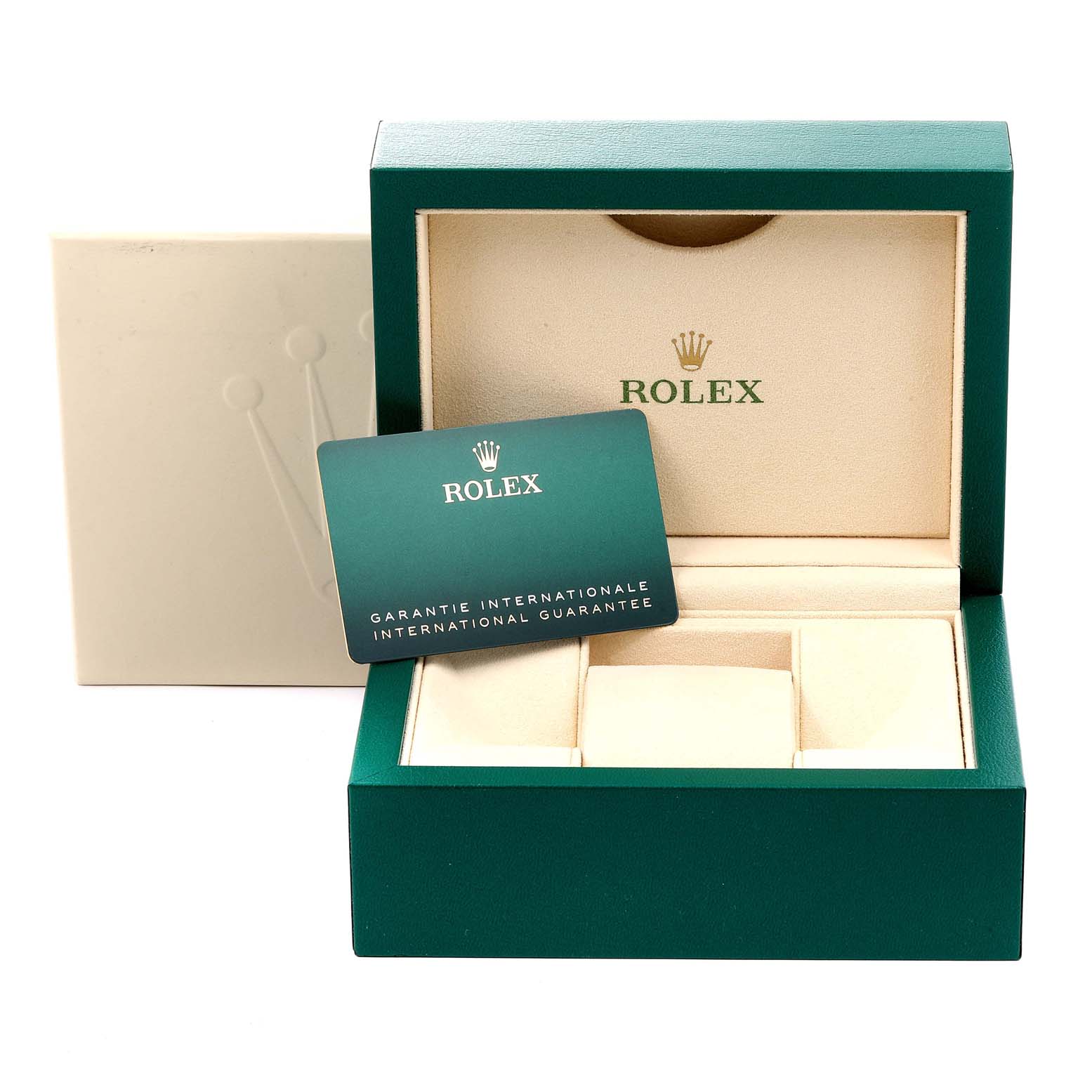 The image shows the packaging box and international guarantee card for the Rolex Datejust 41 126333 Men's Steel and Gold (two tone) Grey Dial 126333 Men's Steel and Gold (two tone) Grey Dial model.