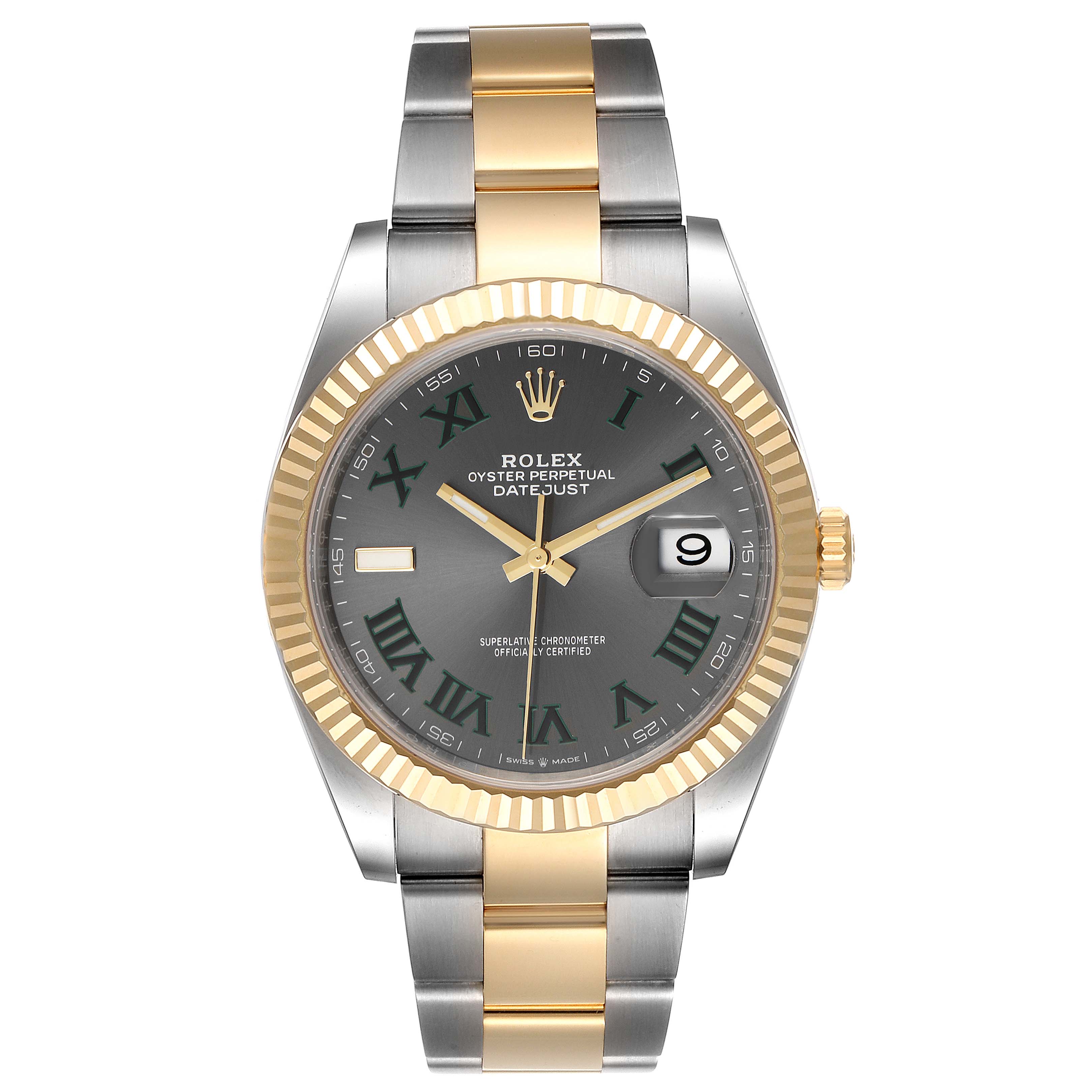 The image shows a front view of the Rolex Datejust 41 126333 Men's Steel and Gold (two tone) Grey Dial 126333 Men's Steel and Gold (two tone) Grey Dial watch with a grey dial, gold bezel, and two-tone bracelet.