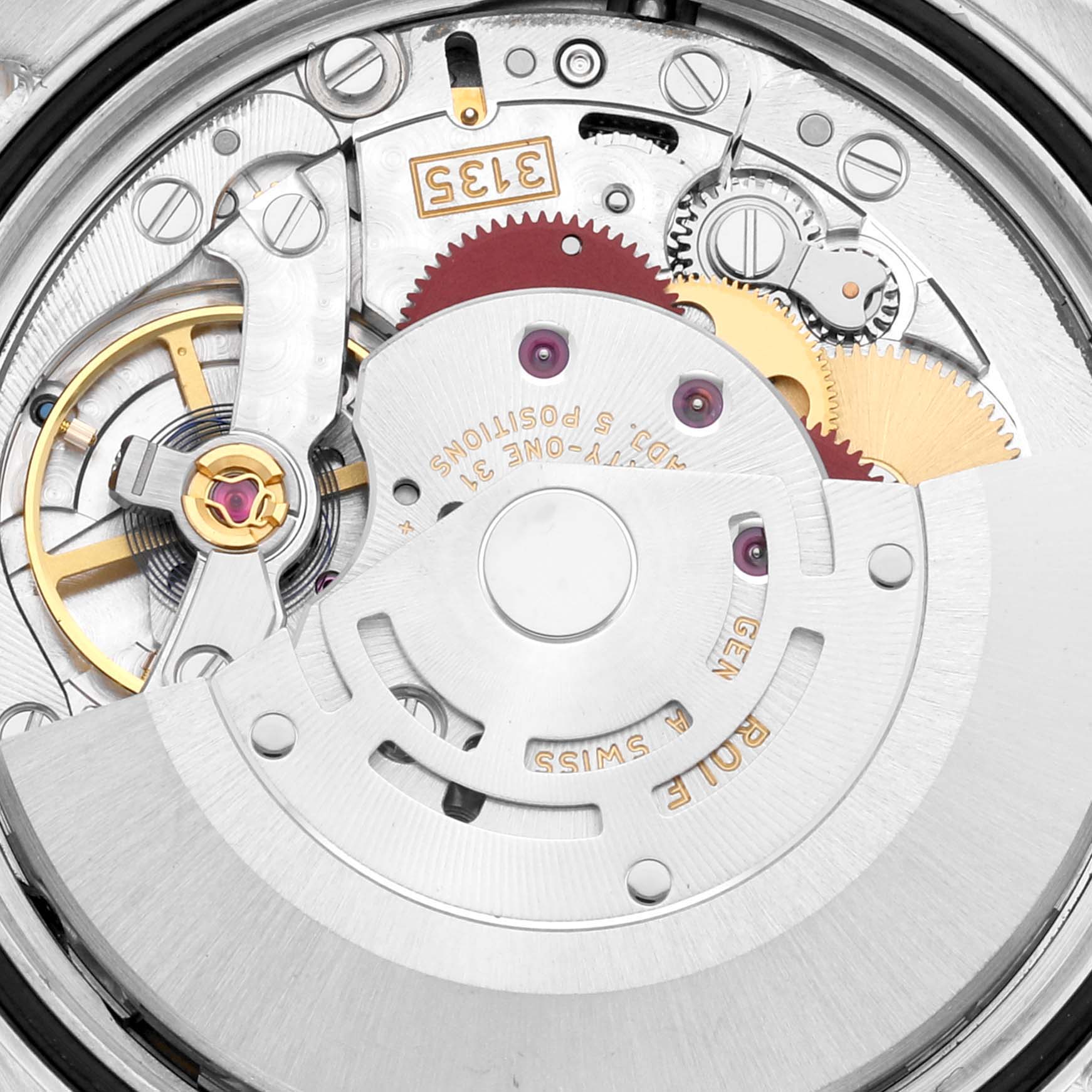 The image shows a close-up view of the internal movement of a Rolex Datejust 116243 Men's Steel and Gold (two tone) Champagne Dial 116243 Men's Steel and Gold (two tone) Champagne Dial watch.