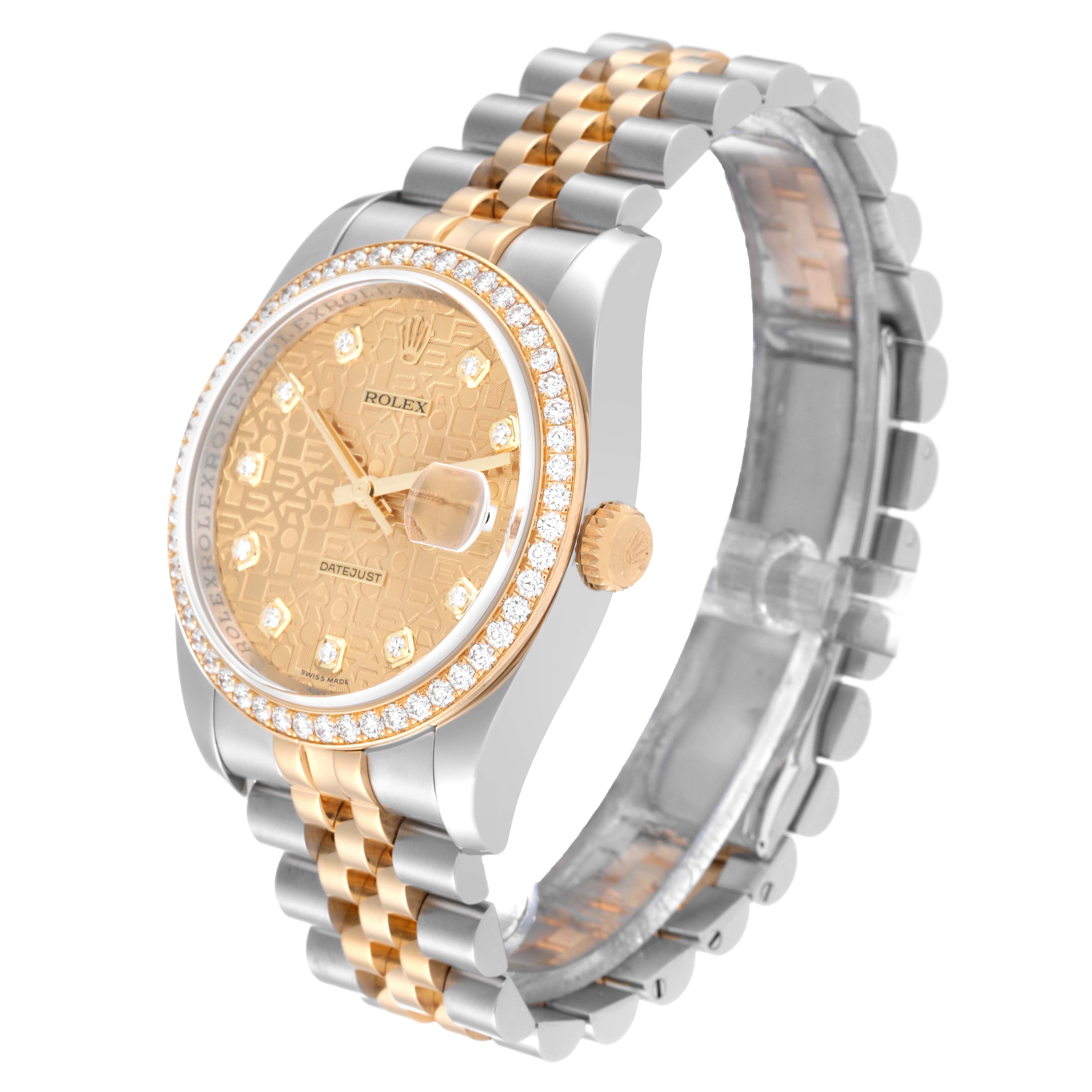 The image shows the front and side angle of the Rolex Datejust 116243 Men's Steel and Gold (two tone) Champagne Dial 116243 Men's Steel and Gold (two tone) Champagne Dial watch, highlighting the dial, bezel, and bracelet.