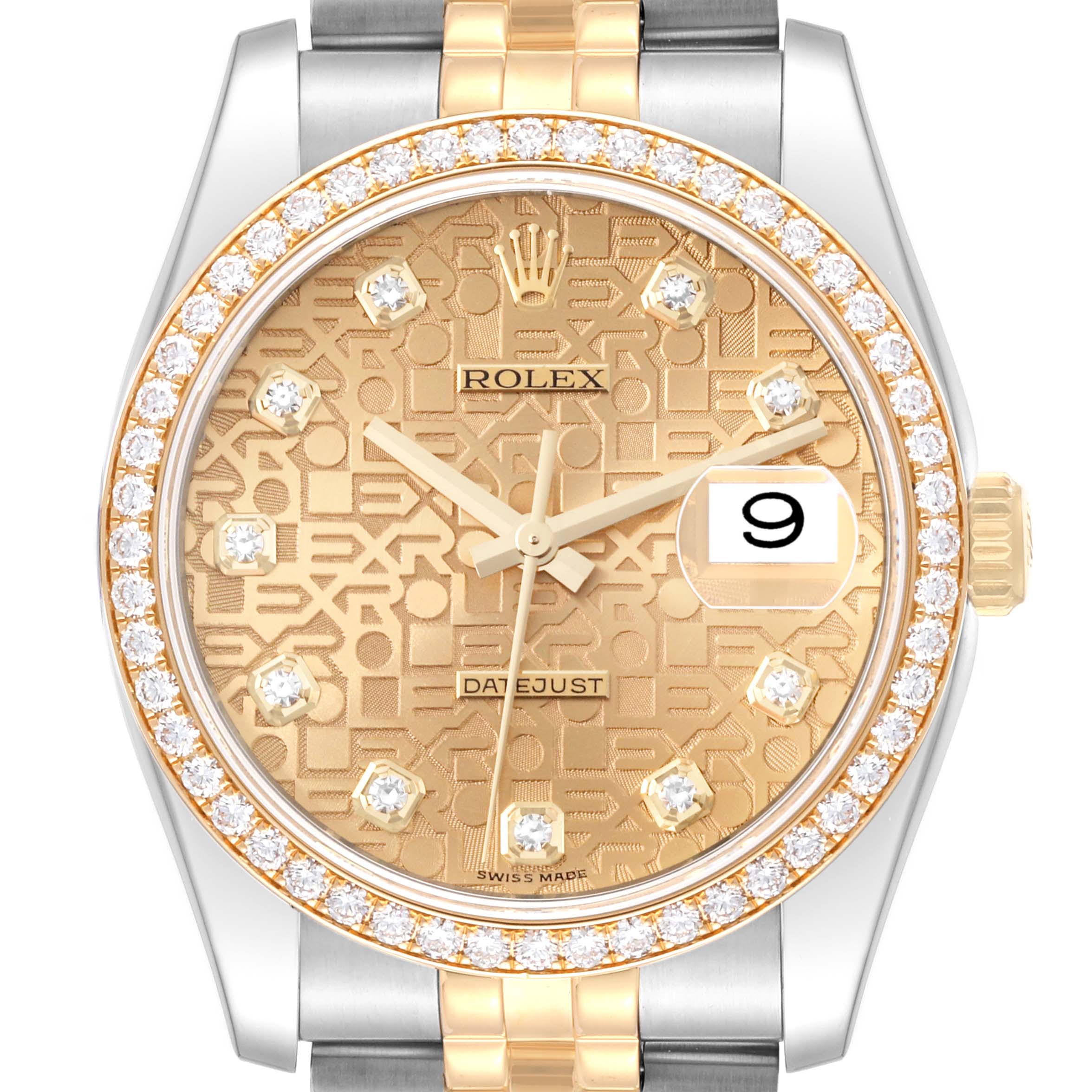 This image shows a close-up of the dial, bezel, and partial bracelet of a Rolex Datejust 116243 Men's Steel and Gold (two tone) Champagne Dial 116243 Men's Steel and Gold (two tone) Champagne Dial watch.