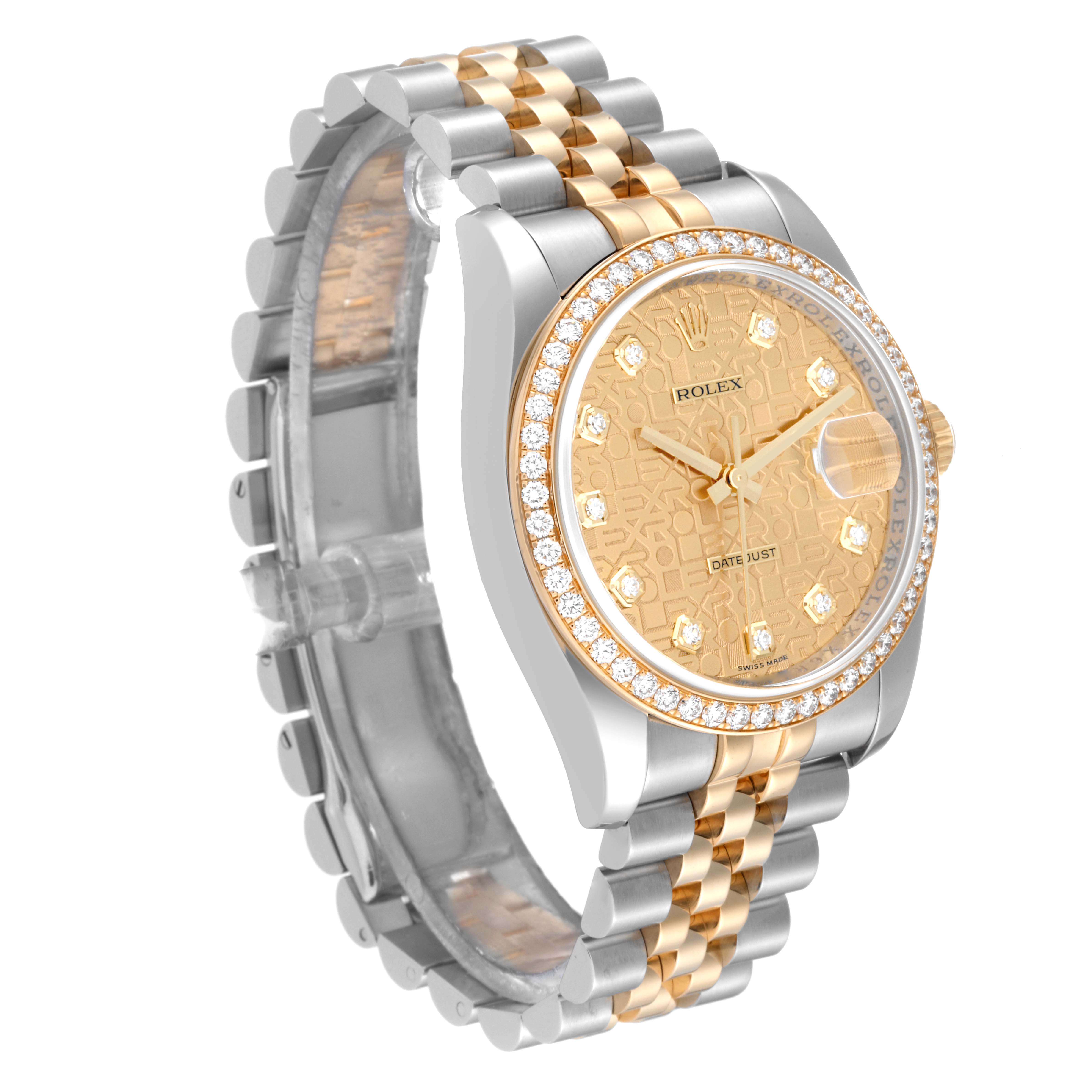 This image shows a Rolex Datejust 116243 Men's Steel and Gold (two tone) Champagne Dial 116243 Men's Steel and Gold (two tone) Champagne Dial watch at a three-quarter angle, highlighting its gold and silver bracelet, bezel, and dial.