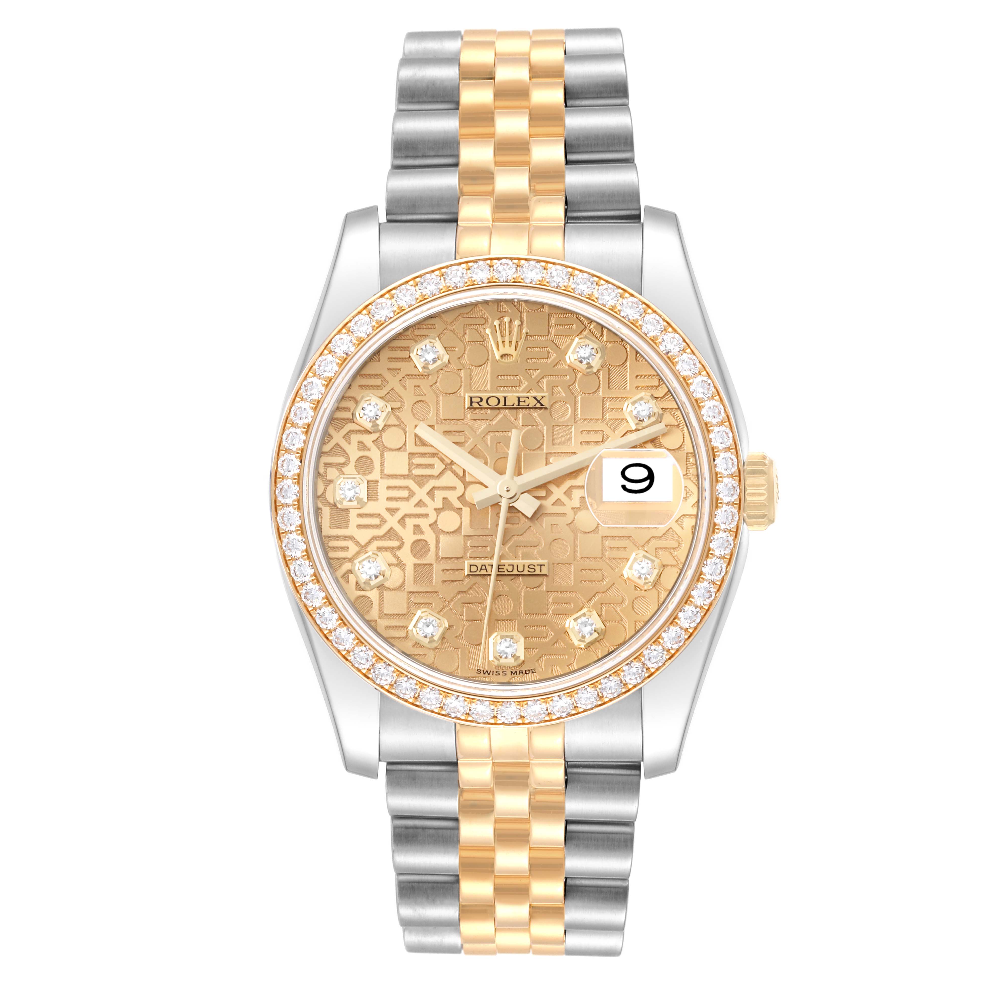 This image shows a Rolex Datejust 116243 Men's Steel and Gold (two tone) Champagne Dial 116243 Men's Steel and Gold (two tone) Champagne Dial watch from a front angle, displaying its gold dial, two-tone bracelet, and date window.