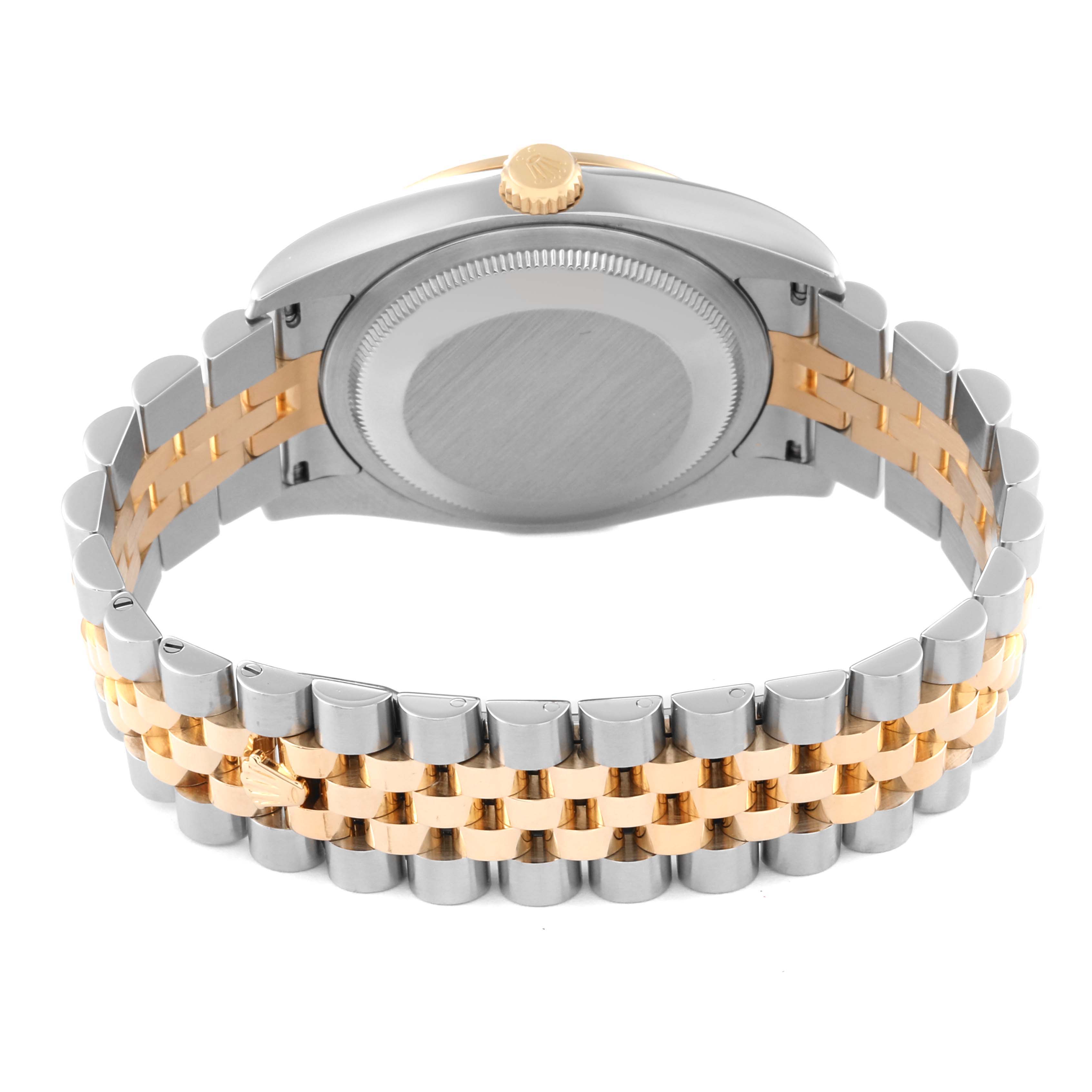The image shows the back view of a Rolex Datejust 116243 Men's Steel and Gold (two tone) Champagne Dial 116243 Men's Steel and Gold (two tone) Champagne Dial watch with its bracelet and caseback visible.