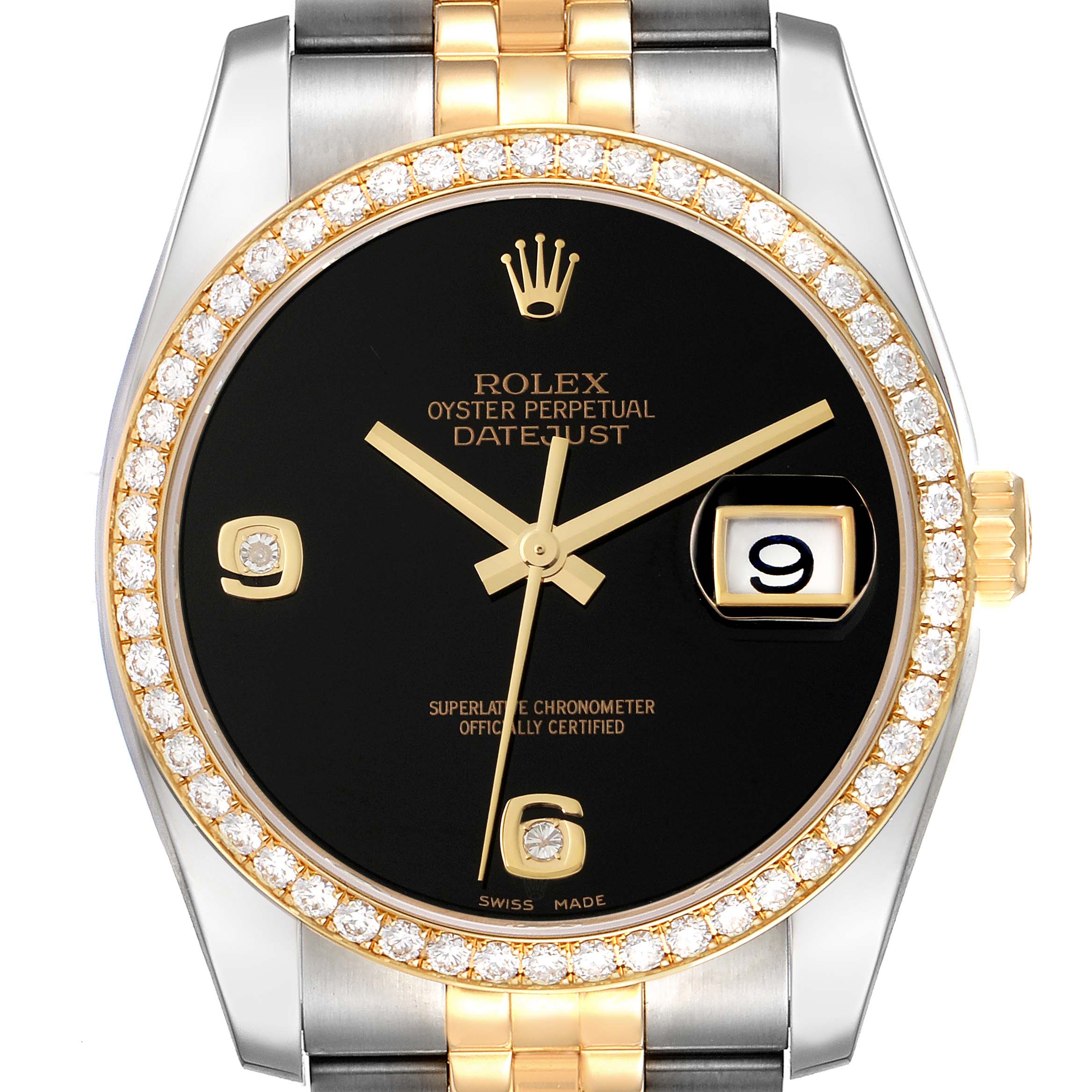 This image shows a front view of the Rolex Datejust 116243 Men's Steel and Gold (two tone) Black Dial 116243 Men's Steel and Gold (two tone) Black Dial watch, highlighting the black dial, diamond bezel, and two-tone bracelet.
