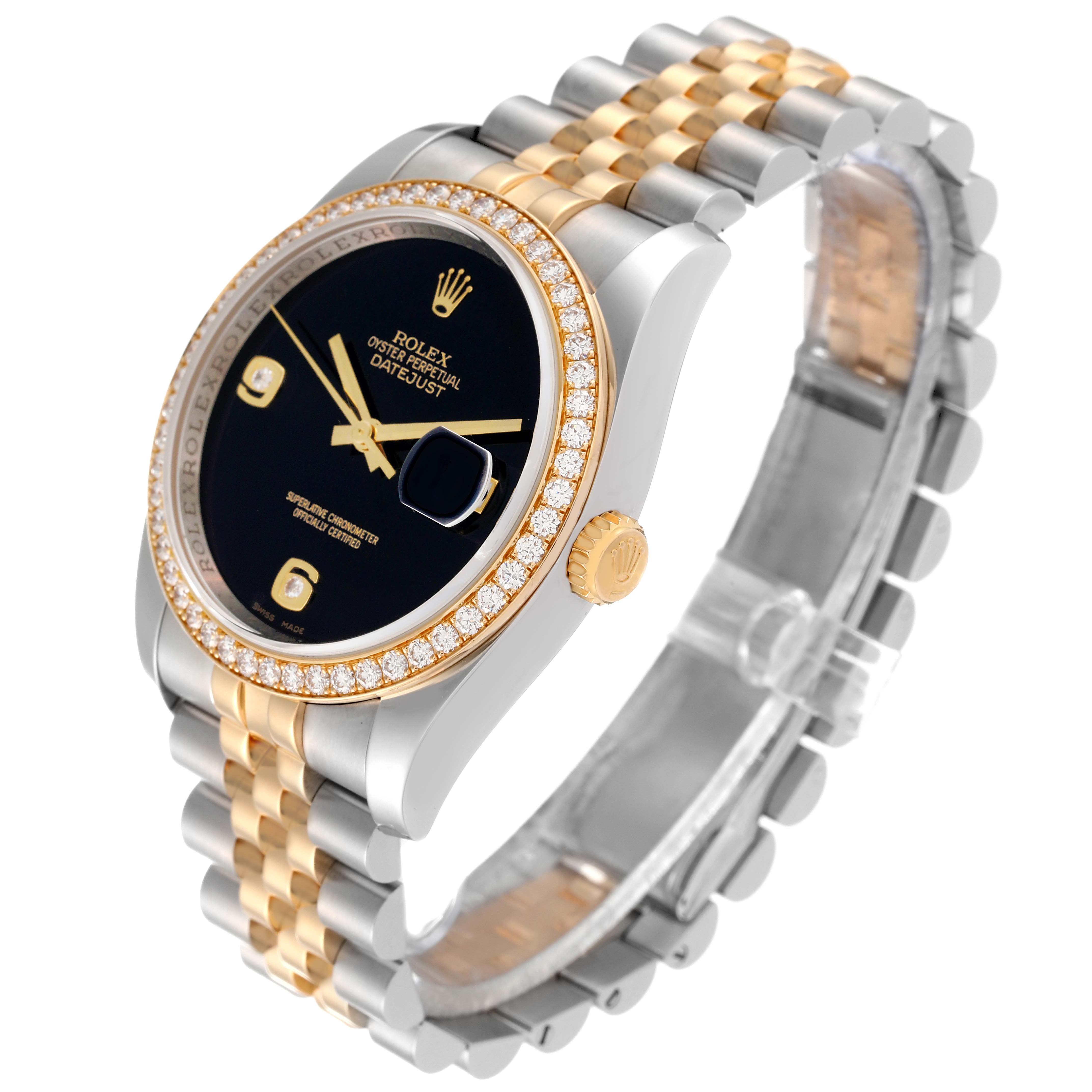 The image shows a Rolex Datejust 116243 Men's Steel and Gold (two tone) Black Dial 116243 Men's Steel and Gold (two tone) Black Dial watch at an angled side view, highlighting the bezel, crown, dial, and bracelet.