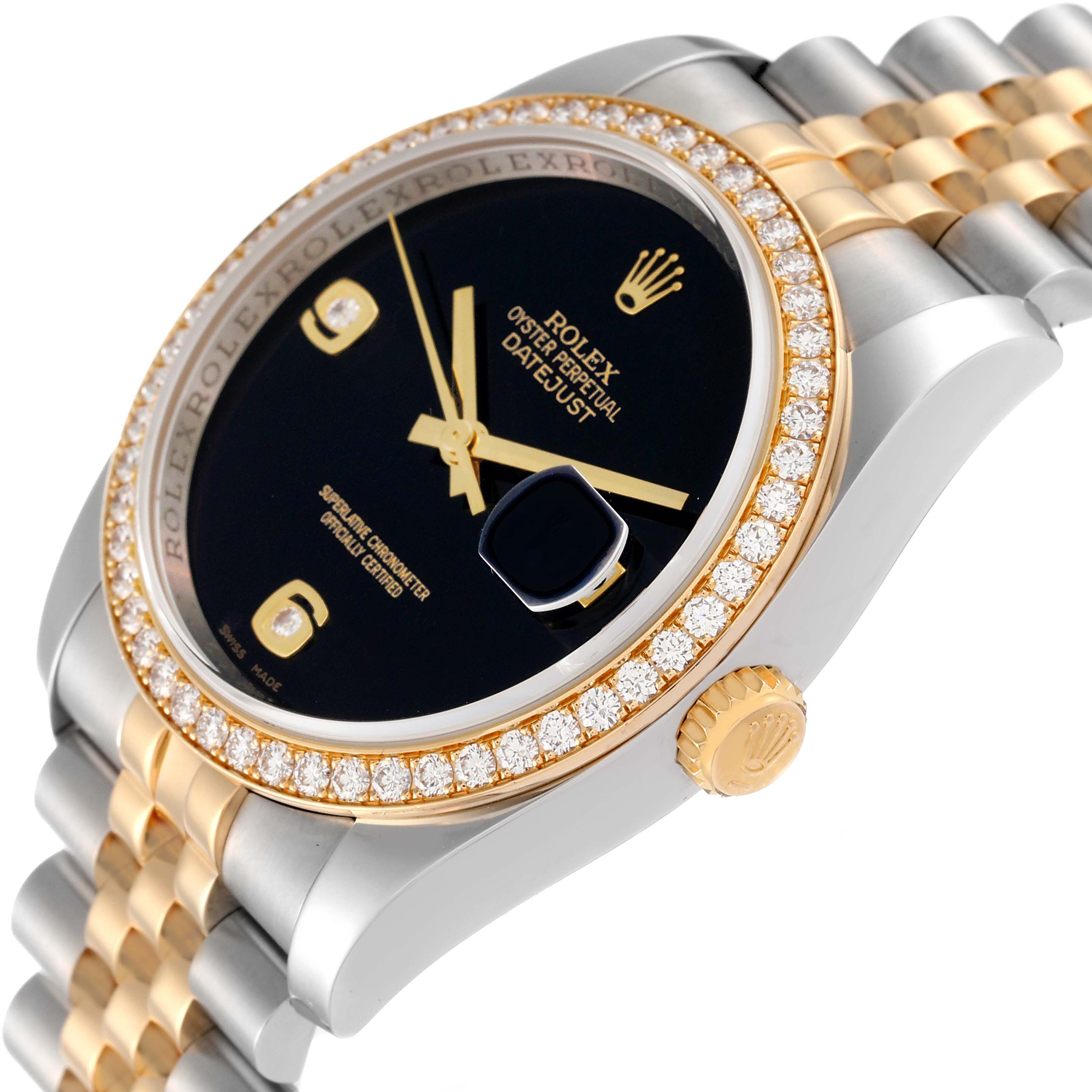 The image shows an angled close-up of a Rolex Datejust 116243 Men's Steel and Gold (two tone) Black Dial 116243 Men's Steel and Gold (two tone) Black Dial watch highlighting the dial, bezel, and part of the bracelet.