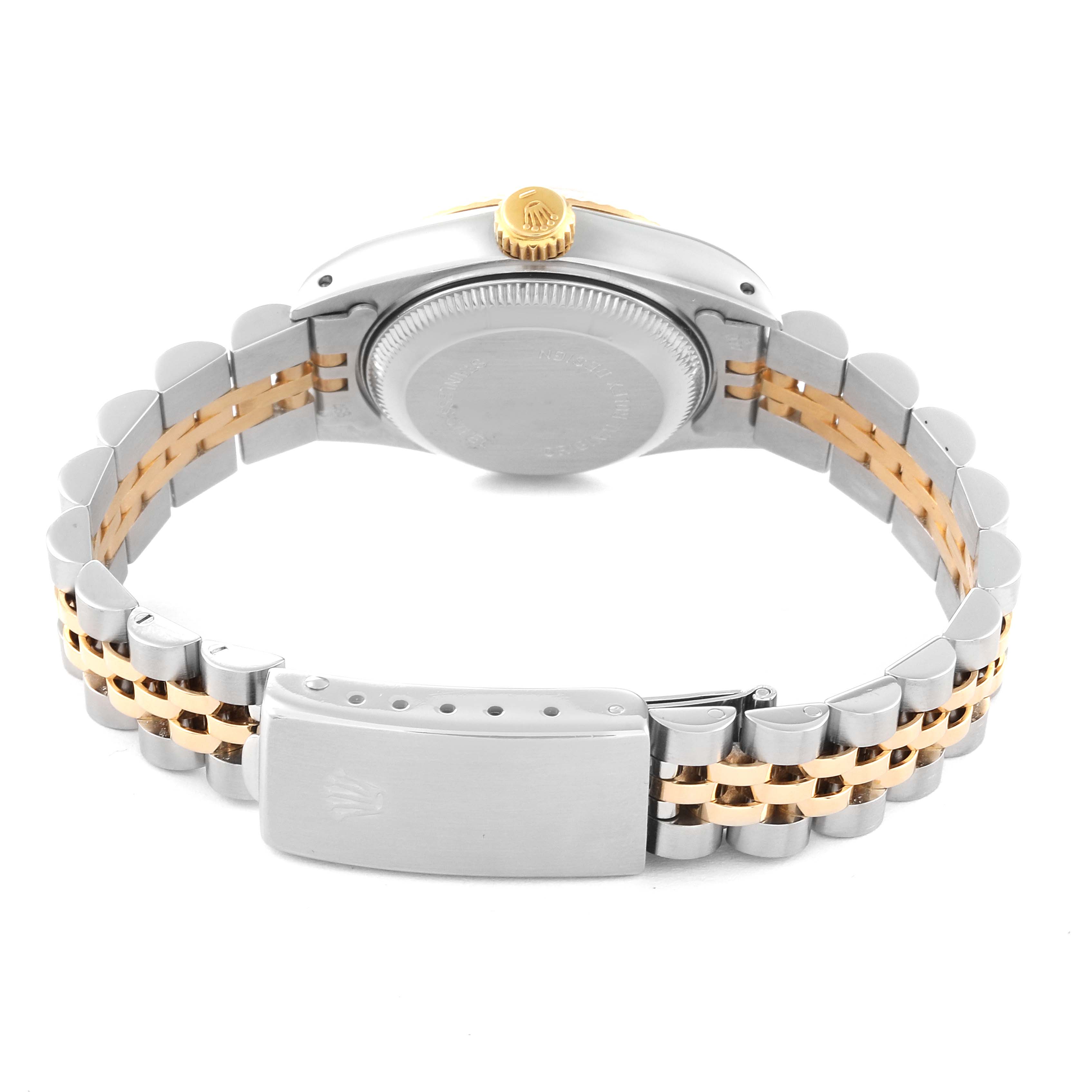 The image shows the back view of a Rolex Datejust 69173 Women's Steel and Gold (two tone) Champagne Dial 69173 Women's Steel and Gold (two tone) Champagne Dial watch, highlighting the clasp, bracelet, and case back.