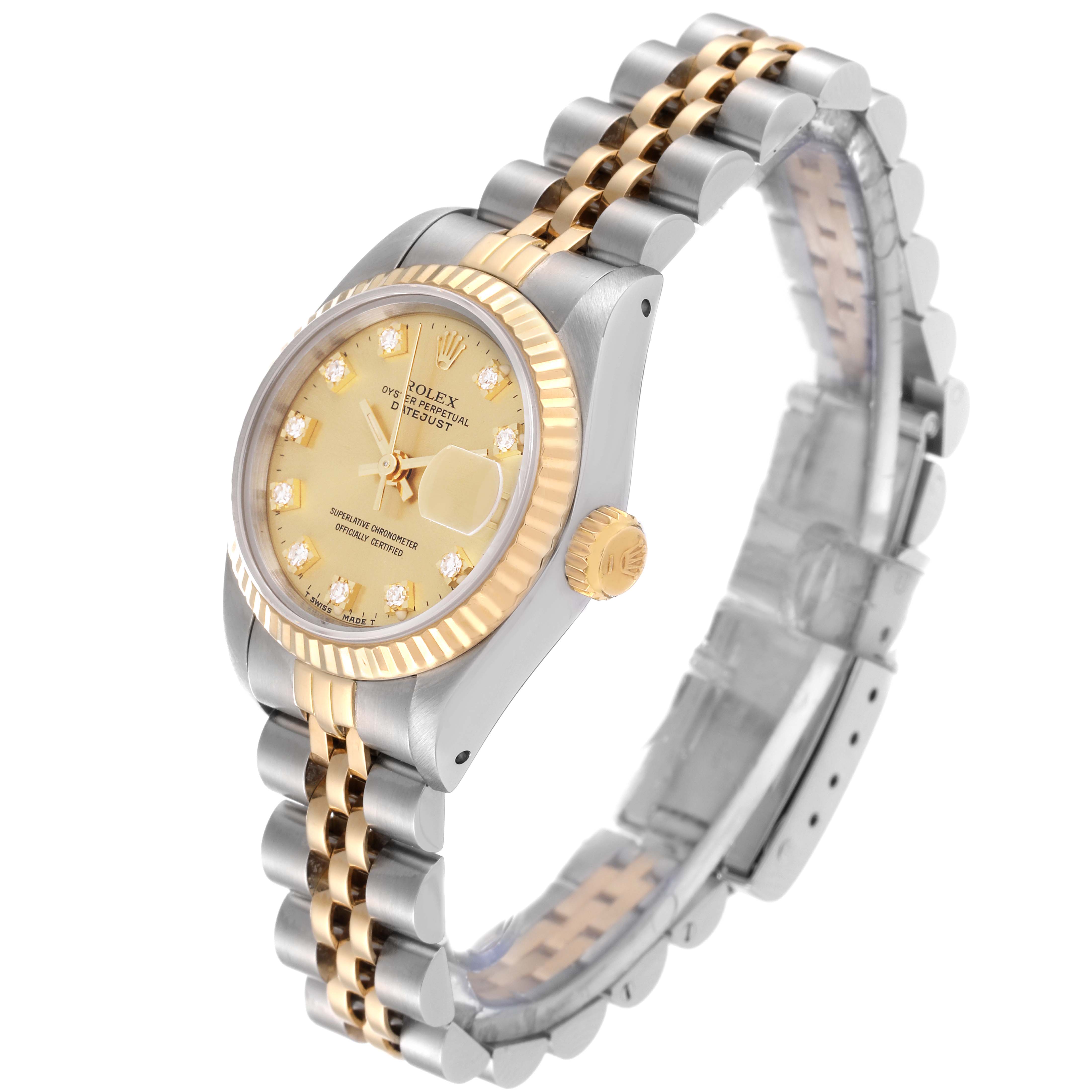 The Rolex Datejust 69173 Women's Steel and Gold (two tone) Champagne Dial 69173 Women's Steel and Gold (two tone) Champagne Dial watch is shown at a three-quarter angle, highlighting its gold bezel, crown, two-tone bracelet, and champagne dial.