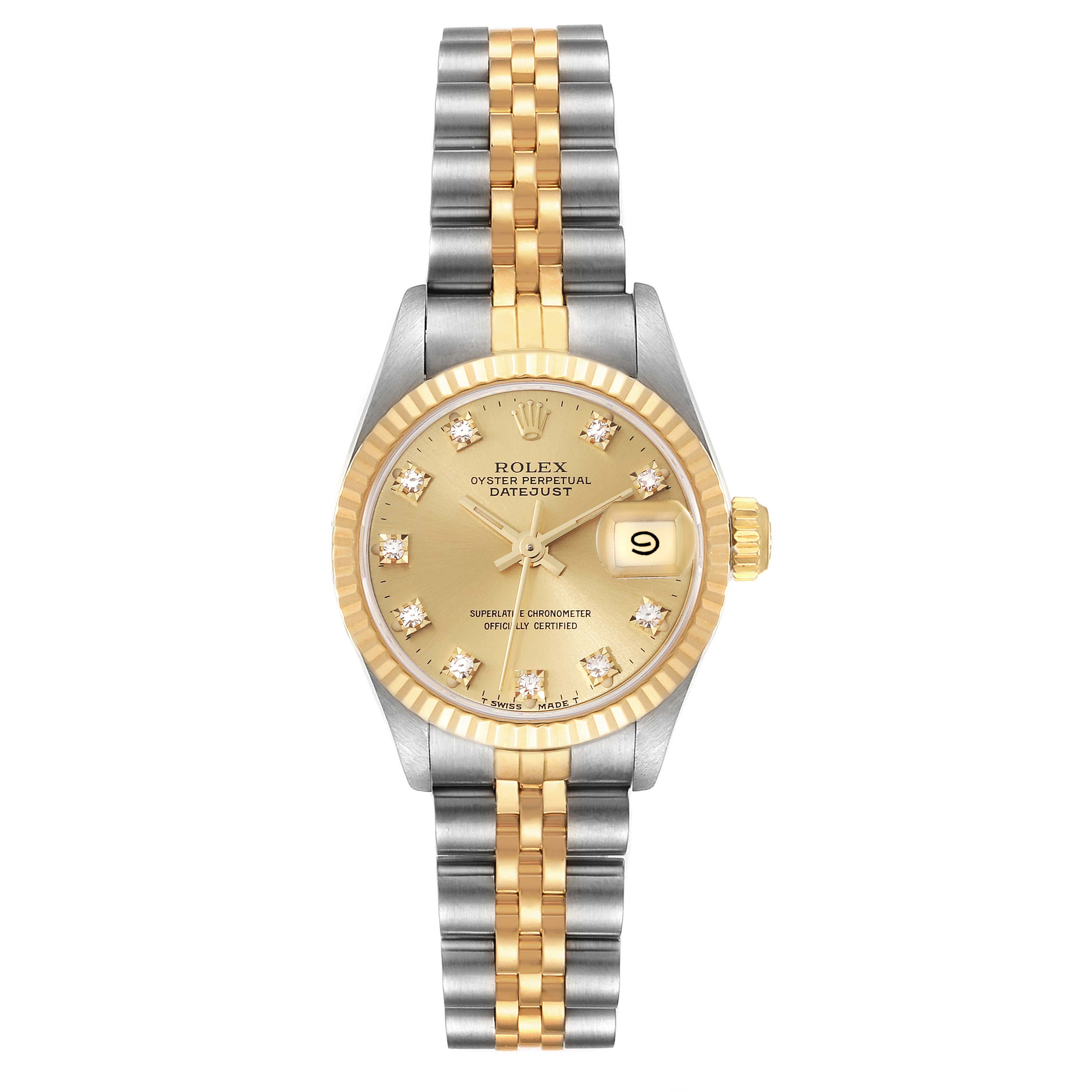 The image shows a front view of a Rolex Datejust 69173 Women's Steel and Gold (two tone) Champagne Dial 69173 Women's Steel and Gold (two tone) Champagne Dial watch, featuring its dial, bezel, crown, and two-tone jubilee bracelet.