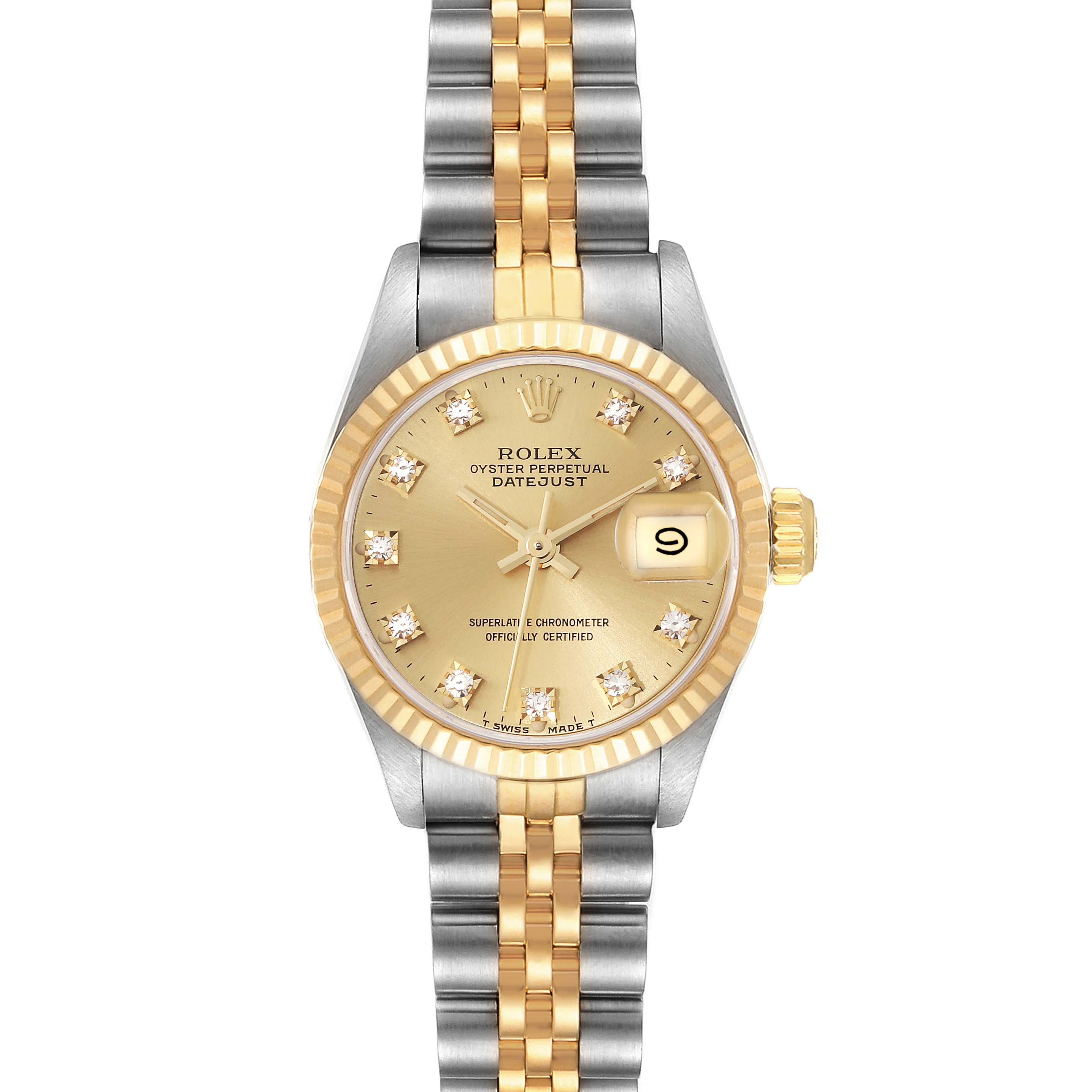 The image shows a front view of a Rolex Datejust 69173 Women's Steel and Gold (two tone) Champagne Dial 69173 Women's Steel and Gold (two tone) Champagne Dial watch with a two-tone bracelet and a gold dial with diamond hour markers.