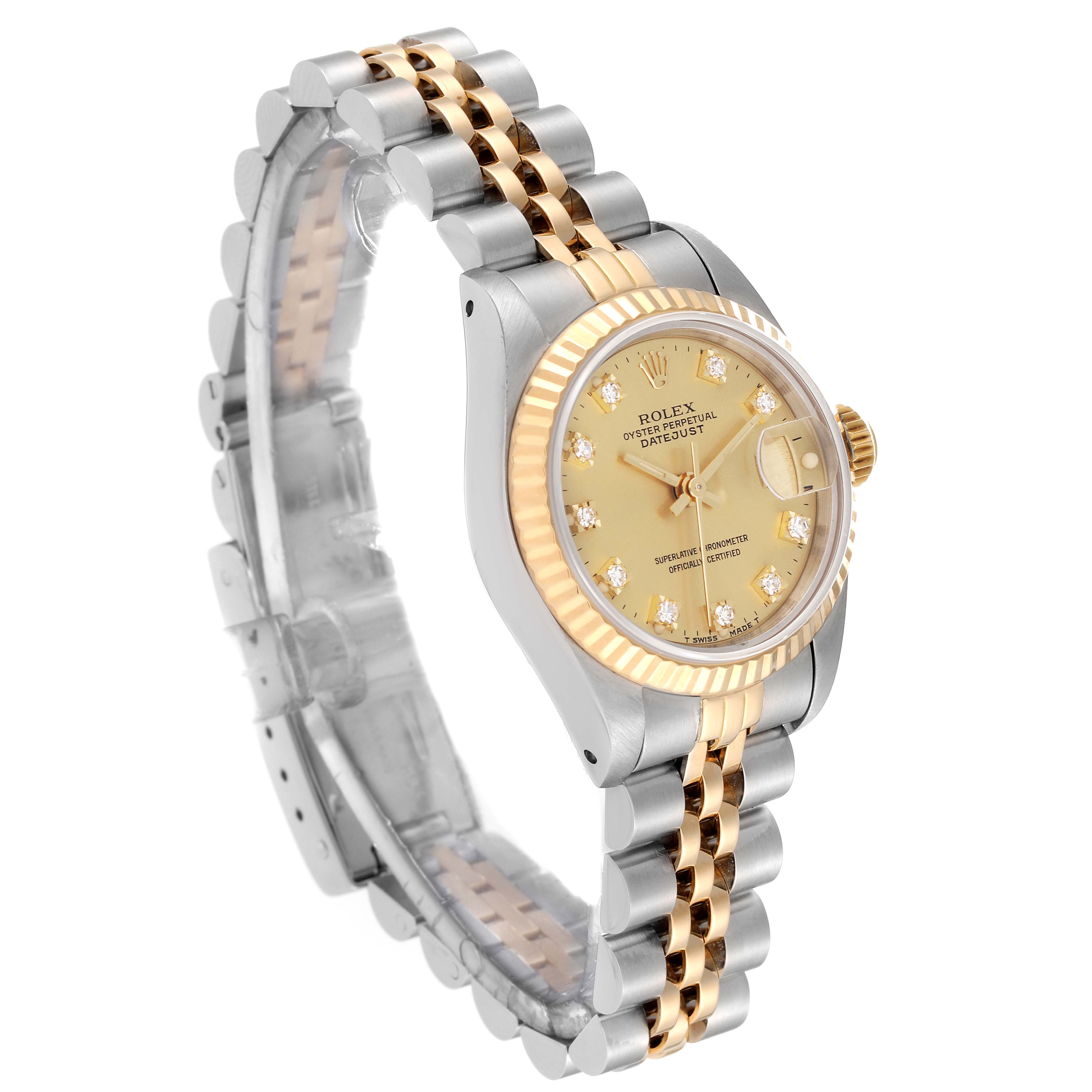 The image shows a side-angle view of a Rolex Datejust 69173 Women's Steel and Gold (two tone) Champagne Dial 69173 Women's Steel and Gold (two tone) Champagne Dial watch, highlighting its jubilee bracelet, fluted bezel, and diamond-set dial.
