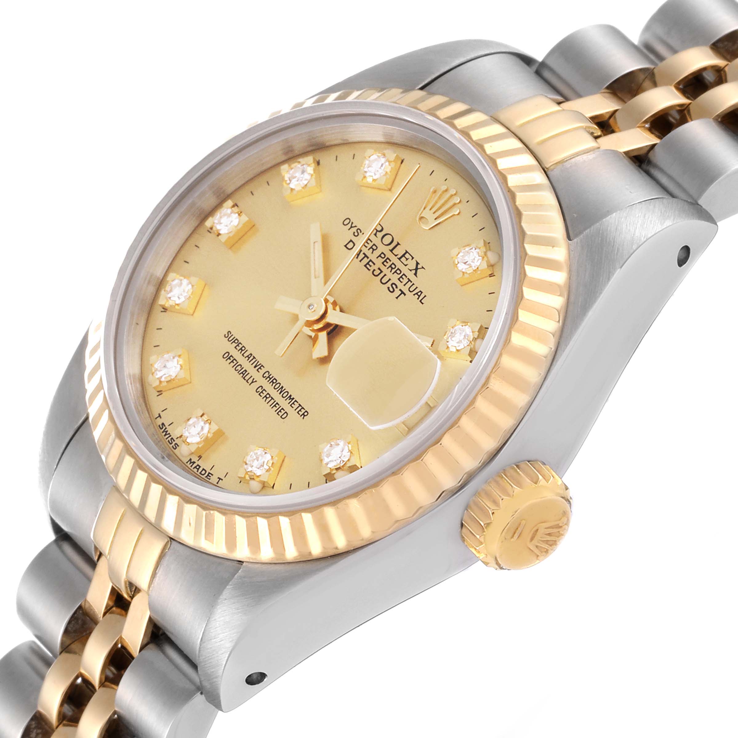 This Rolex Datejust 69173 Women's Steel and Gold (two tone) Champagne Dial 69173 Women's Steel and Gold (two tone) Champagne Dial watch is shown at an angle highlighting the dial, crown, fluted bezel, and two-tone bracelet.