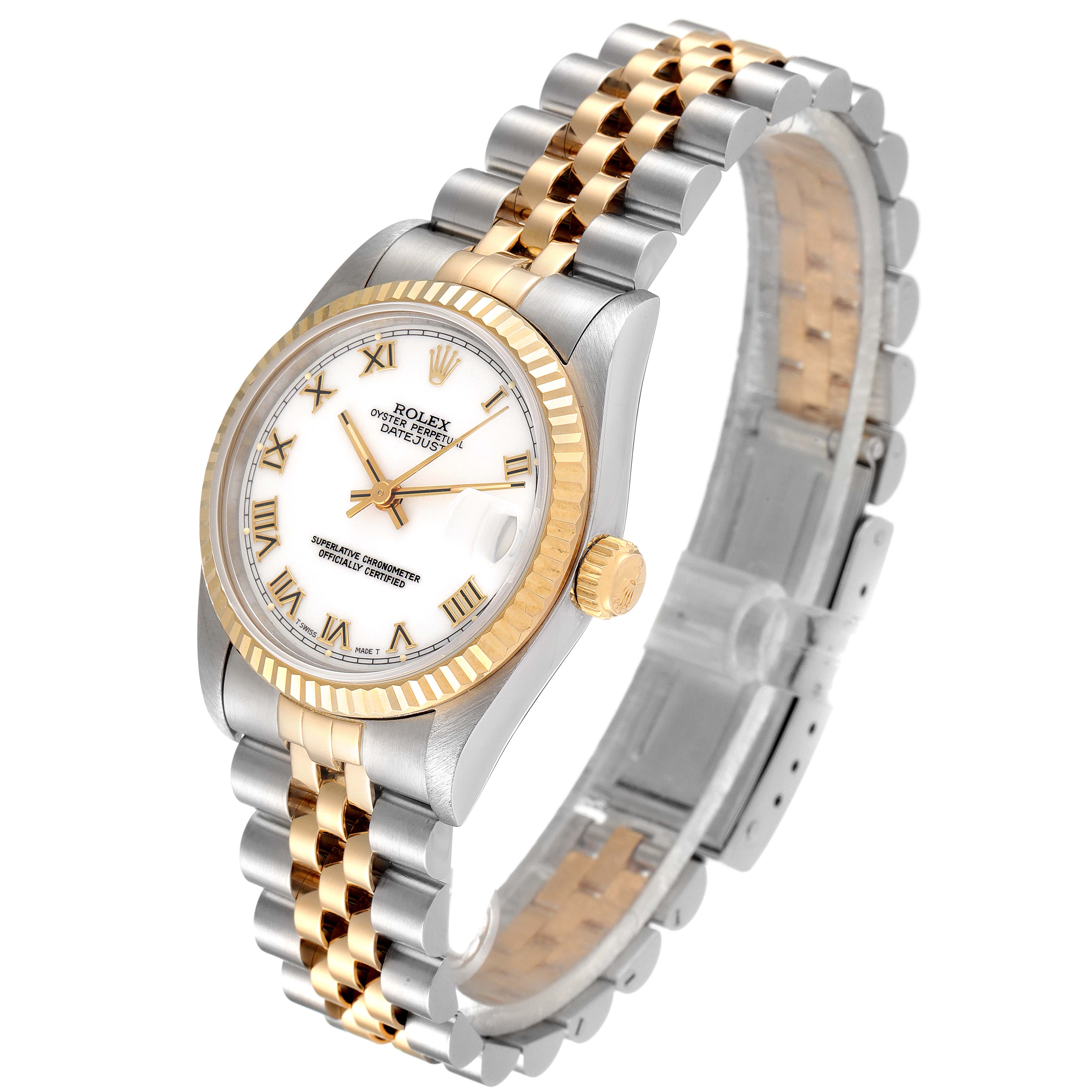 This Rolex Mid-Size 68273 Women
s Steel and Gold (two tone) White Dial 68273 Women
s Steel and Gold (two tone) White Dial Datejust watch is shown at a three-quarter angle, showcasing the face, bezel, crown, and Jubilee bracelet.