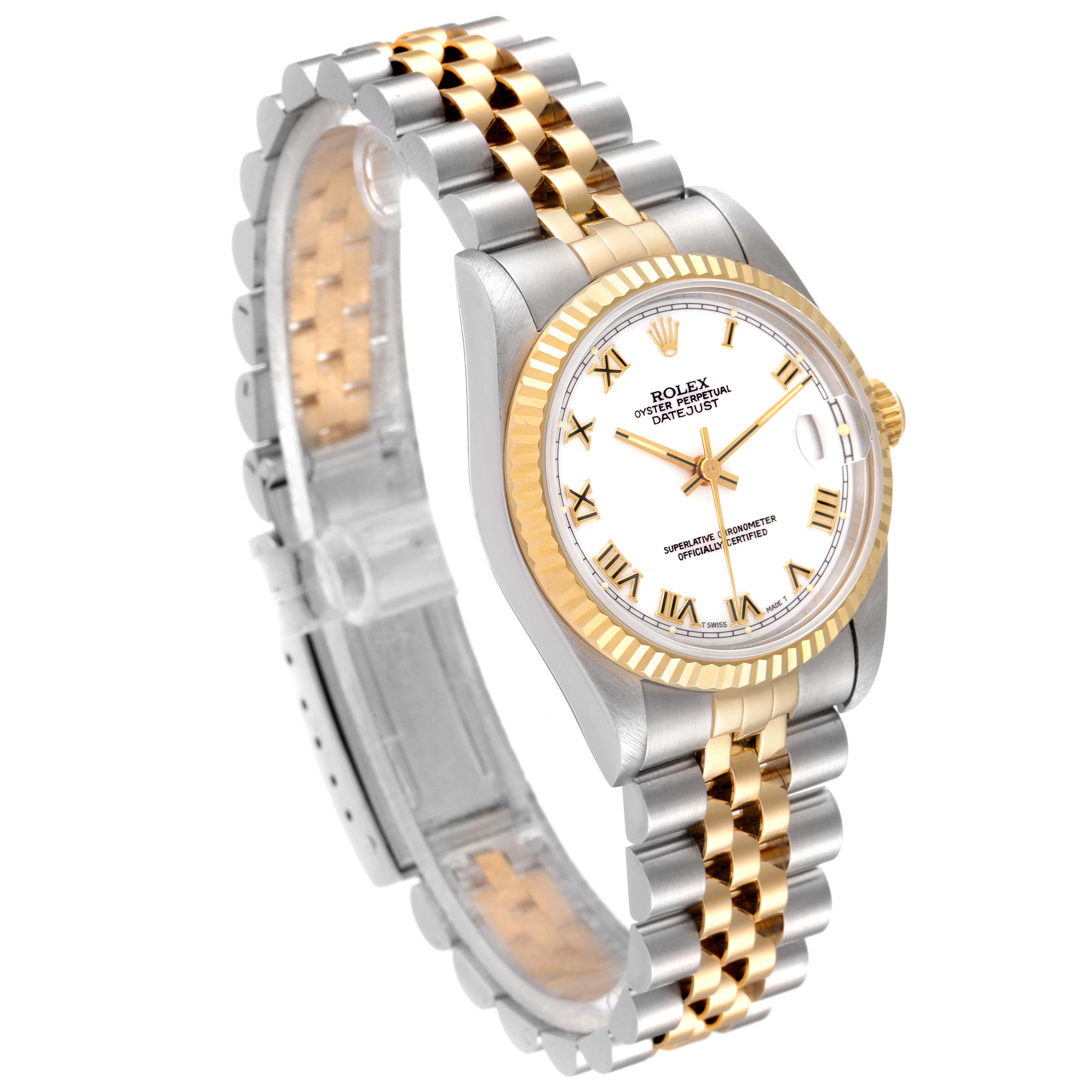 The image shows a Rolex Mid-Size 68273 Women
s Steel and Gold (two tone) White Dial 68273 Women
s Steel and Gold (two tone) White Dial Datejust watch at a slight angle, highlighting the face, bezel, and two-tone bracelet.